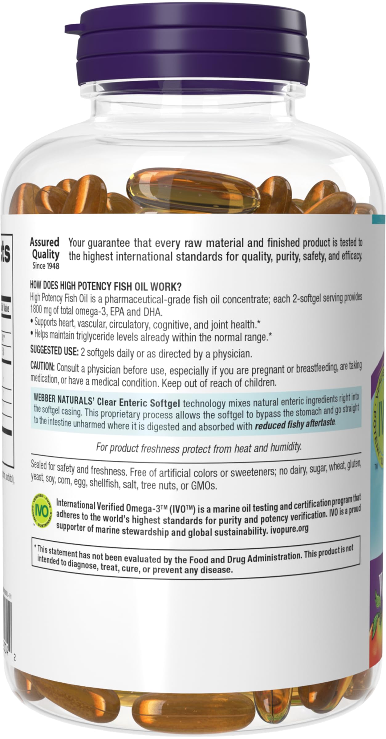 Webber Naturals Triple Strength Omega-3 Fish Oil, 1,800 mg Omega-3 (1,200 mg EPA / 600 mg DHA) per Serving, 120 Clear Enteric Softgels, No Fishy Aftertaste, for Heart, and Brain Health