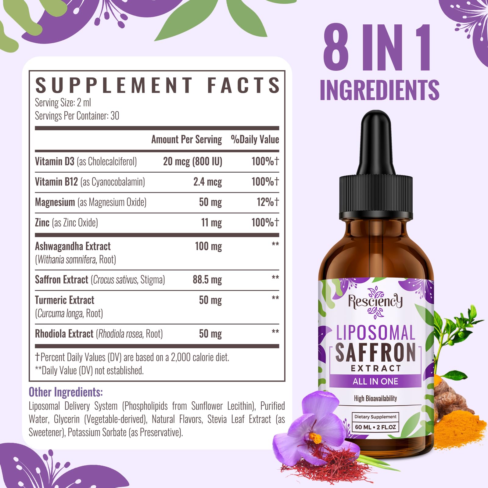 Saffron Supplements - 88.5 mg Saffron Extract Better Bioavailability Liposomal Drops for Mood, Energy, Vision & Focus with Ashwagandha, Turmeric, Magnesium, Zinc, Vitamin B12 & D3, 60 ml, 30 Servings