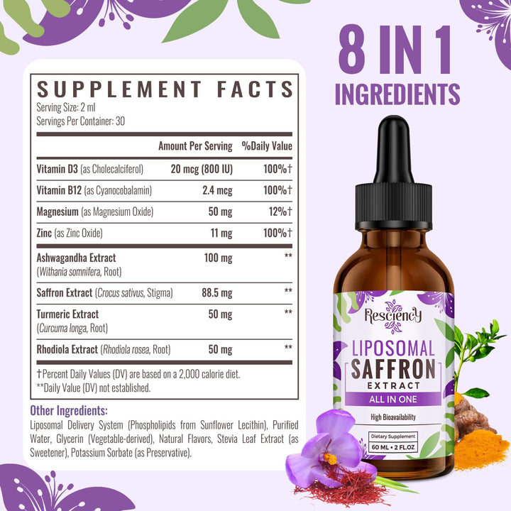Saffron Supplements - 88.5 mg Saffron Extract Better Bioavailability Liposomal Drops for Mood, Energy, Vision & Focus with Ashwagandha, Turmeric, Magnesium, Zinc, Vitamin B12 & D3, 60 ml, 30 Servings