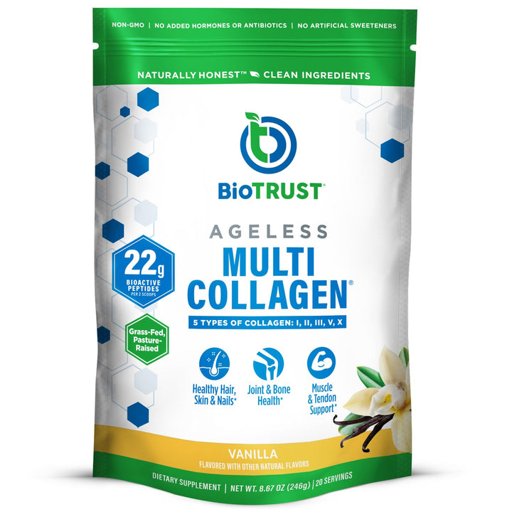 BioTrust Ageless Multi Collagen Peptides Powder – 5 Types (I, II, III, V, X) – Vanilla Collagen Powder for Women & Men – Hydrolyzed Protein – Grass Fed Beef, Fish, Chicken, Eggshell Membrane