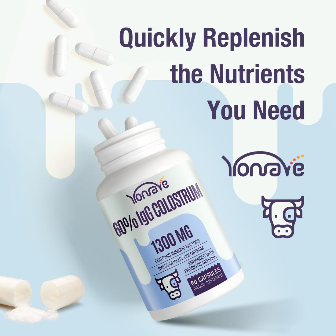Yonrave Bovine Colostrum Capsules Supplement 1300mg - Extra High 60% IgG Bovine Colostrum - Gut, Bone, Exercise, Immune - 60 Capsules