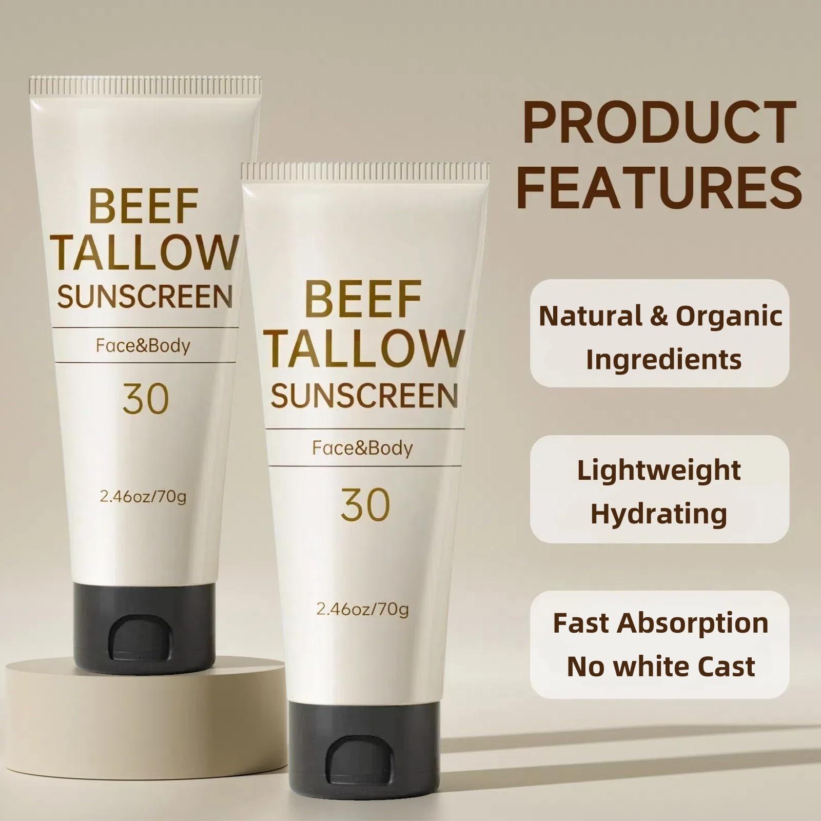 Tallow Sunscreen, Sunscreen for Face, Natural Reef Safe Face Body Beef Tallow Sunblock, Non Greasy Clean Travel Sun Screen Sunblock for Summer Outdoor Travel, 2.46 OZ