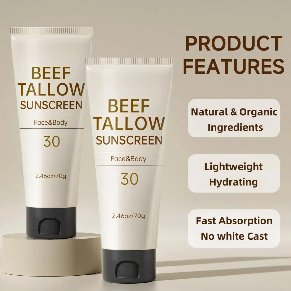 Tallow Sunscreen, Sunscreen for Face, Natural Reef Safe Face Body Beef Tallow Sunblock, Non Greasy Clean Travel Sun Screen Sunblock for Summer Outdoor Travel, 2.46 OZ