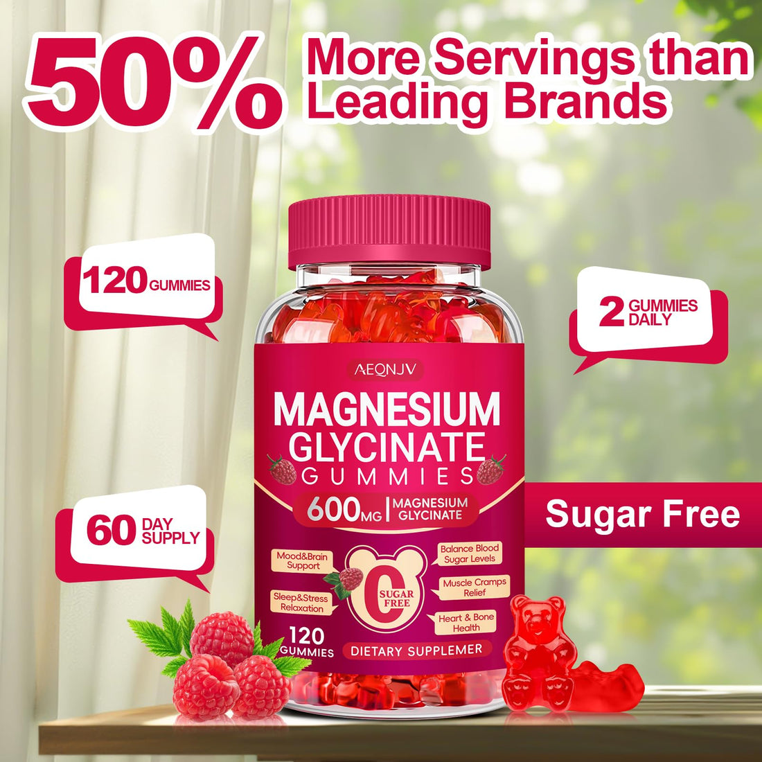 Magnesium Glycinate Gummies 600mg, Sugar Free Magnesium Gummies for Adults with Magnesium L-Threonate, Chewable Magnesium Potassium Supplements for Sleep, Body Support and Relaxation, 120 Gummies