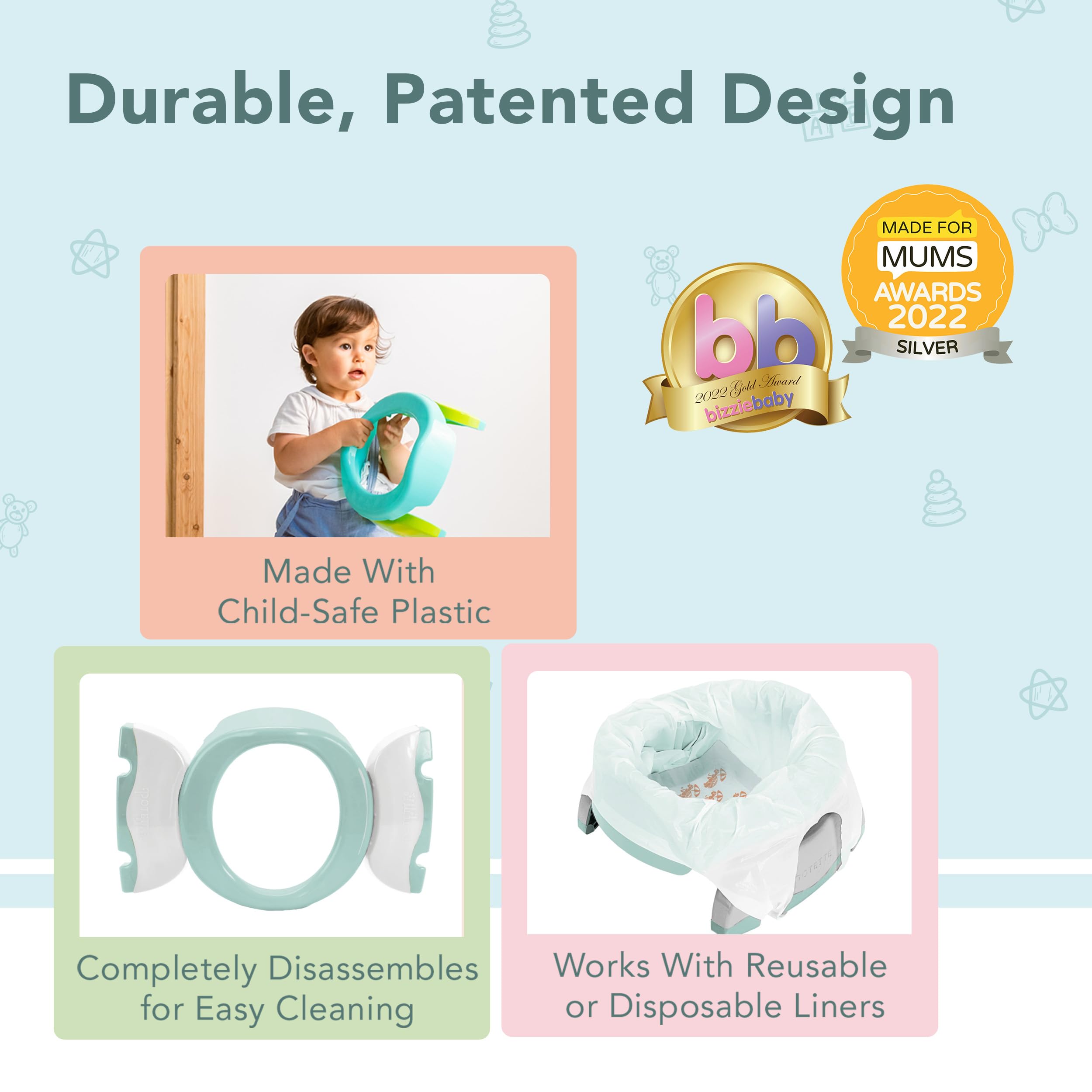 Kalencom Potette Plus 2-in-1 Travel Potty and Trainer Seat - Dual-Purpose Potty Training Toilet Seat - Portable Potty for Toddler Travel - with Durable, Lock-in Legs and Splash Guard - Pastel Mint