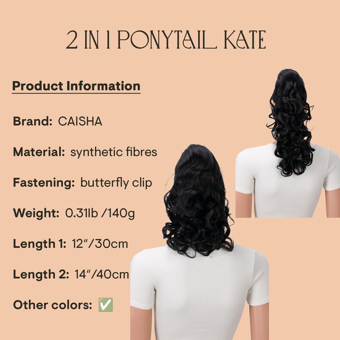 PRETTYSHOP 20 & 120g Hair Piece Pony Tail Extension 2 IN 1 Curled Wavy Heat-Resisting Diverse Colors (black brown 2 H8-2)