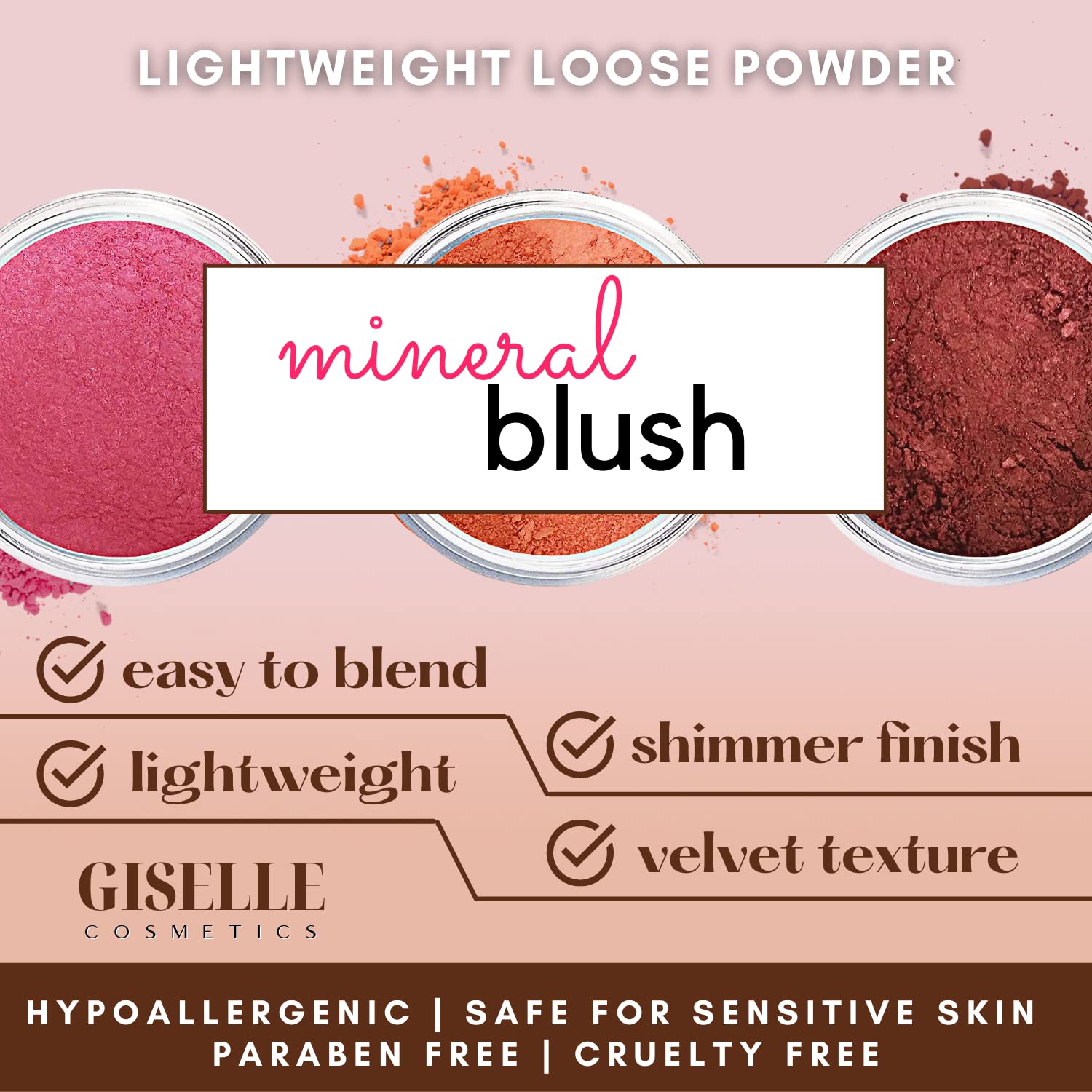 Mineral Blush Makeup | Rich Girl | Mineral Blush Makeup Powder, Giselle Cosmetics | Pure, Non-Diluted Mineral Make Up -Mineral Makeup Powder, Foundation, Concealer, Eye Shadow, Blush, and Contouring
