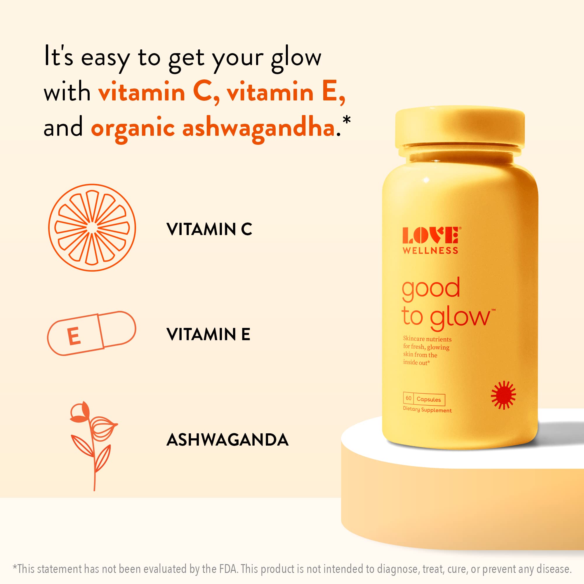 Love Wellness Good to Glow | Collagen Supplement with Biotin, Vitamin C, E, Ashwagandha & Zinc | Promotes Smooth, Glowing & Clear Skin | Enhances Smoothness & Promotes Healthy Skin | 60 Count