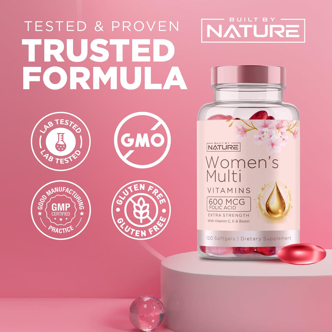 Built by Nature Vitamins for Women – Women's Complete Daily Multivitamin Supplement with A, B, C, D, E, Iron, Calcium, Magnesium and Multi Minerals – Wellness & Immune Health Support - 120 Softgels
