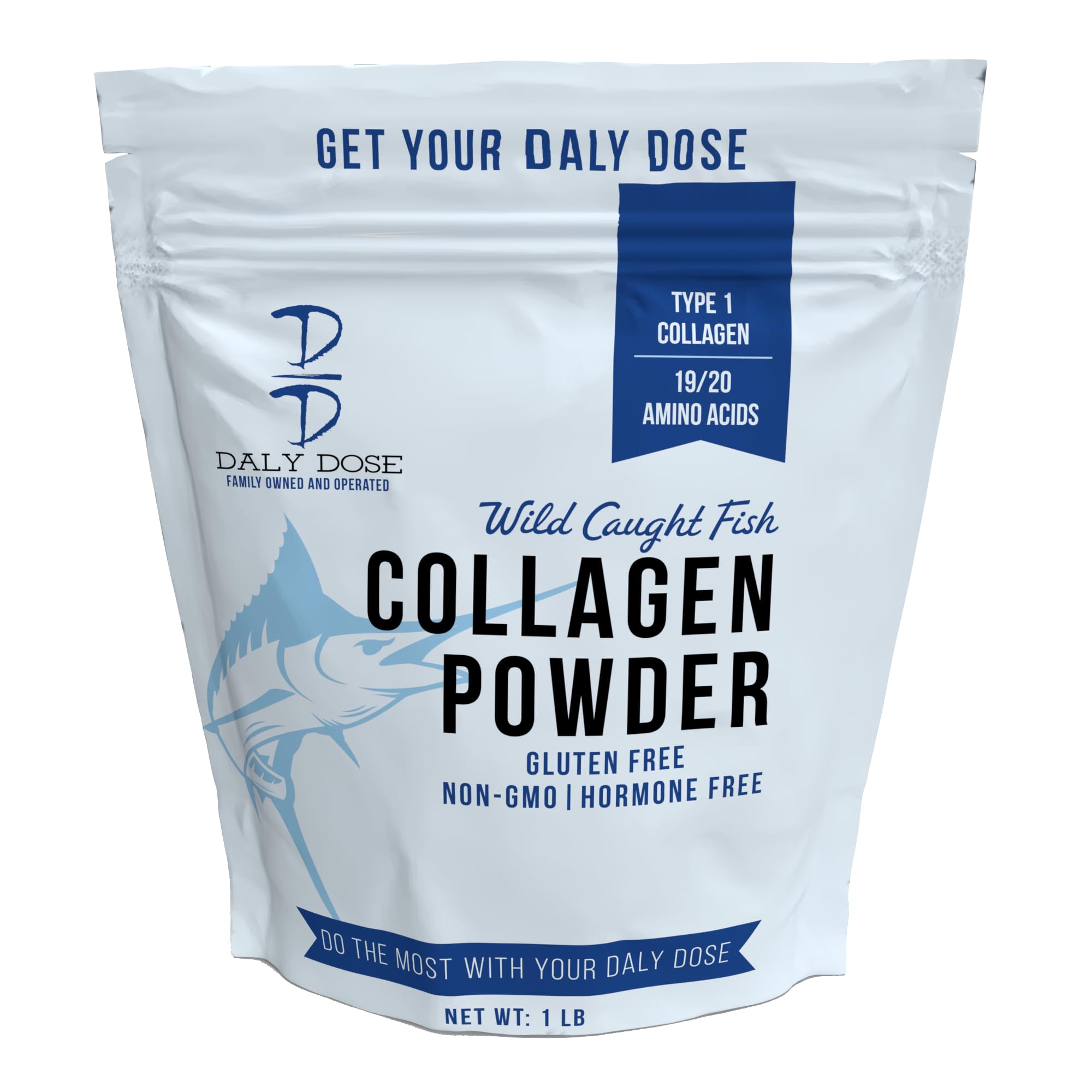 Daly Dose Fish Collagen (Tilapia), 1lb Bag, 37 Servings, 12g of Protien Per Serving, Gluten Free, Keto and Paleo Friendly, 0 Sugar, Non-Irradiated