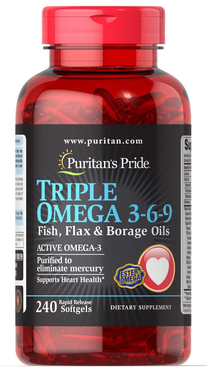 Puritan's Pride Premium Triple Active Omega 3-6-9 Fish, Flax, and Borage Oils, Dietary Supplement for Heart, Joint, And Cellular Health Support, 240 Rapid Release Softgels
