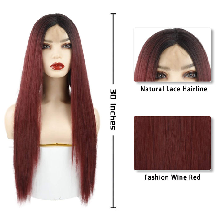 MISSWIG Ombre Color Cosplay Wigs Wine Red Long Straight Wig Hair 100% Kanekalon Synthetic Heat Resistant Straight Wig for Women