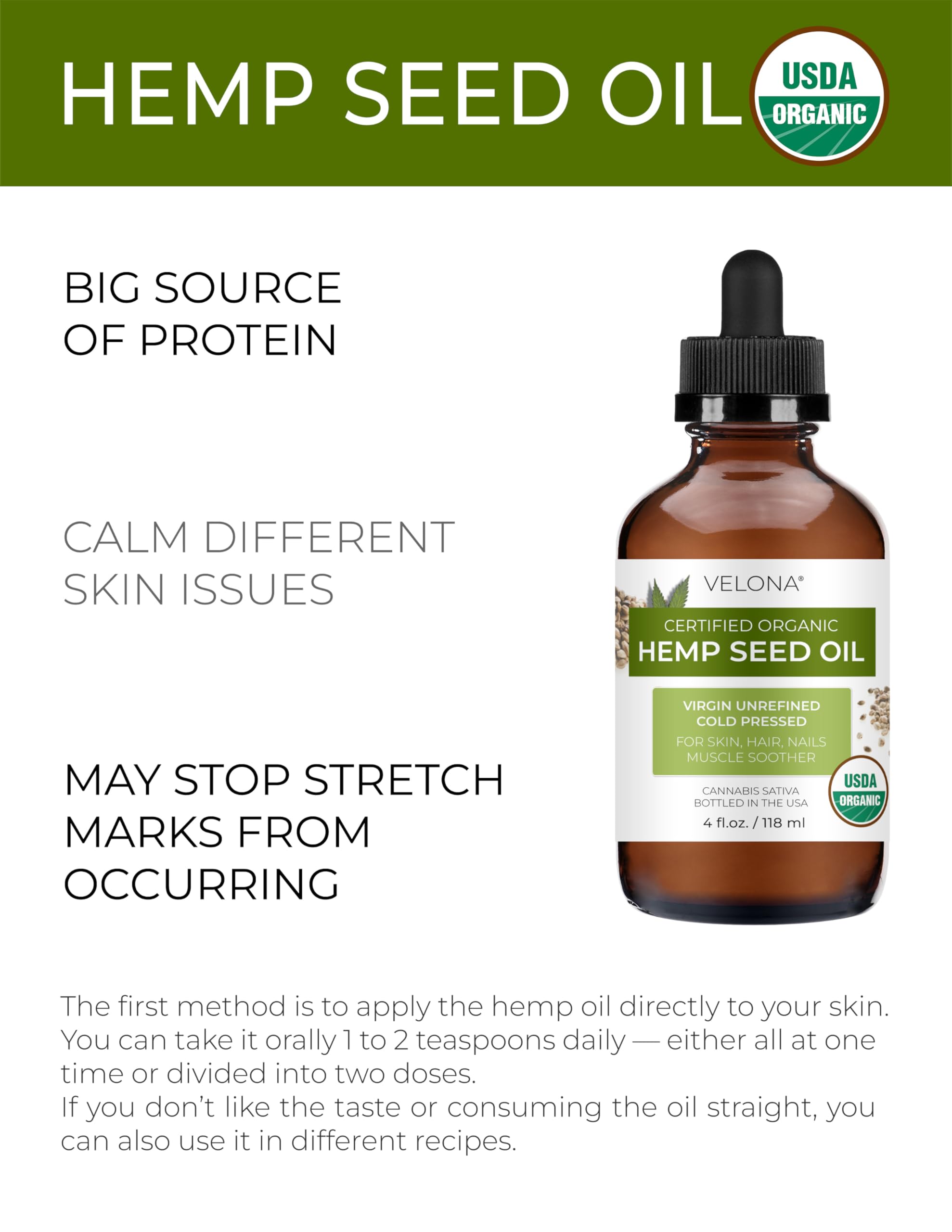velona Hemp Seed Oil USDA Certified Organic - 4 fl oz | 100% Pure and Natural Carrier Oil | Unrefined, Cold Pressed | Hair, Body, Face & Skin Care | Use Today - Enjoy Results…