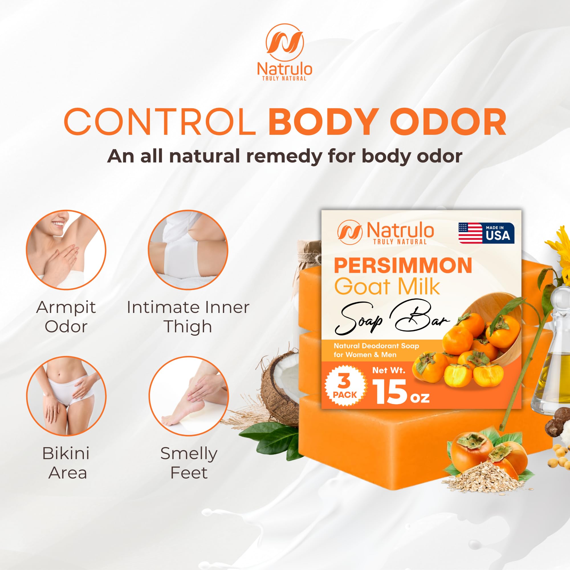 Persimmon Soap Bar for Body Odor Control – Purifying Deodorizing Body Wash with Goat Milk for Eliminating Body Odor – Great for Skin Brightening, Natural Deodorant Soap for Men & Women