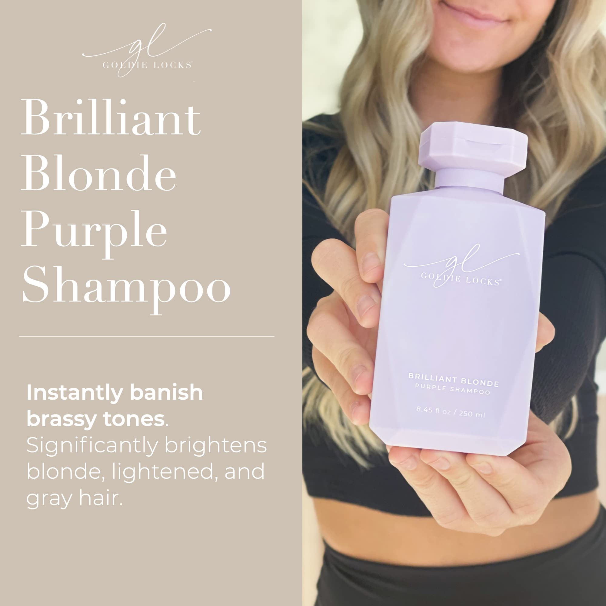Goldie Locks Brilliant Blonde Purple Shampoo for Blonde, Lightened, Grey Hair & Extensions, Brightens, Tones, Eliminates Brass, Sulfate-Free, Nourishing, Moisturizing, Color Safe, 8.45 Fl Oz Bottle