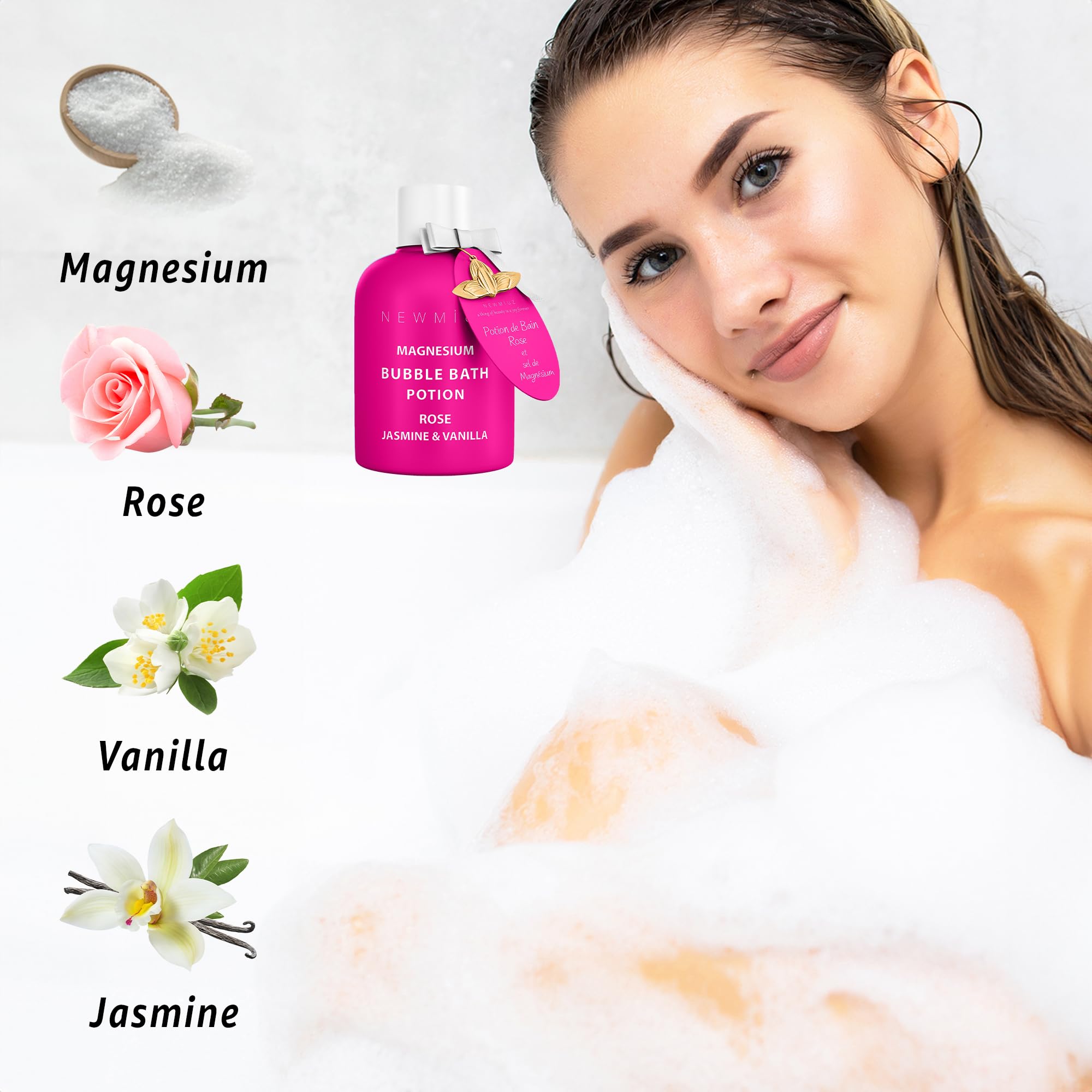 Magnesium Bubble Bath Rose Jasmine Vanilla Long Lasting Foam for Sore Muscles Epsom Salt Moisturizing Relaxing Stress Relief Spa Gift for Women
