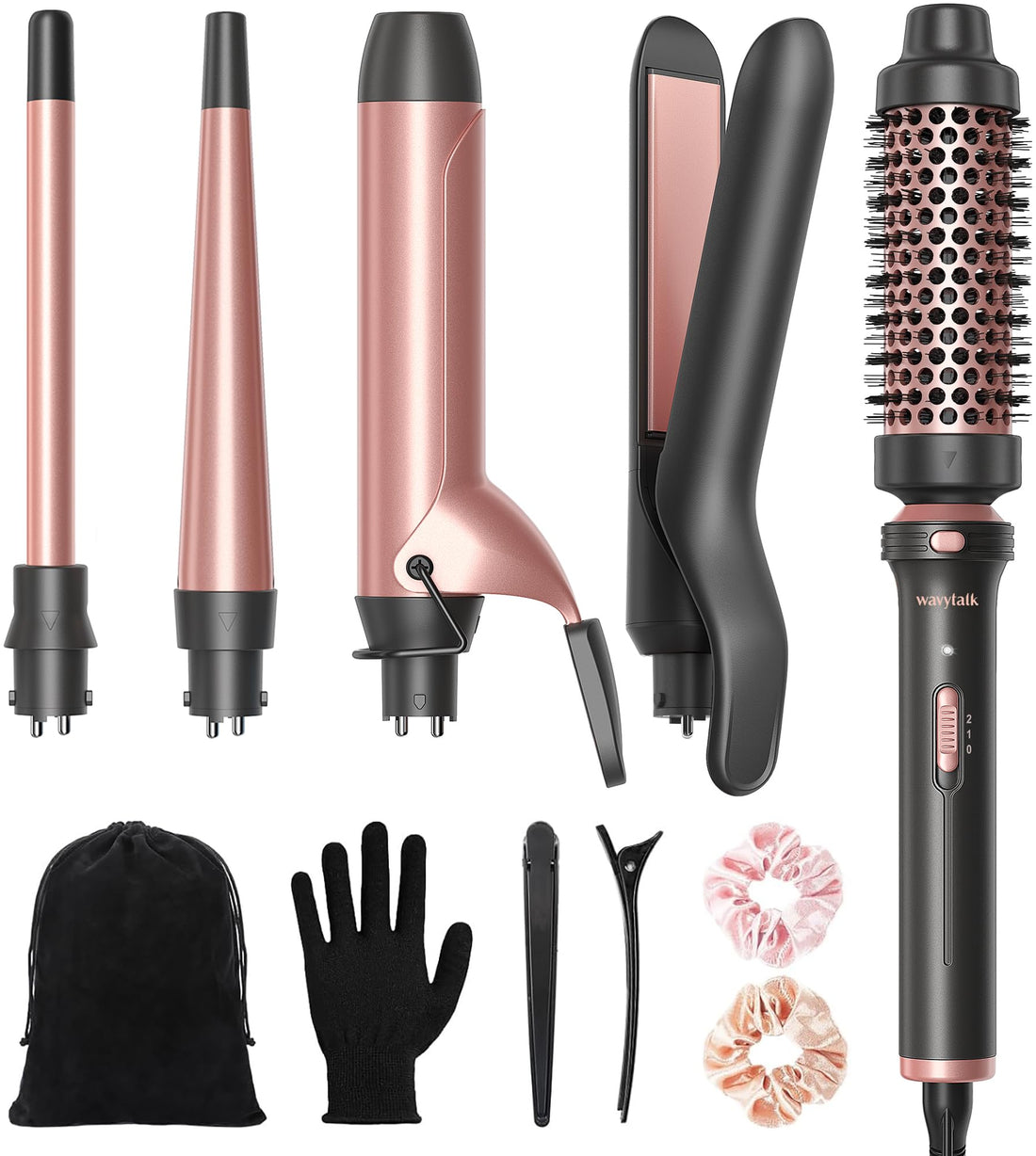Wavytalk 5 in 1 Curling Iron Set with Thermal Brush and 4 Interchangeable Ceramic Curling Wands (0.5'-1.25'), Instant Heat Up Hair Curling Iron, Rose Gold