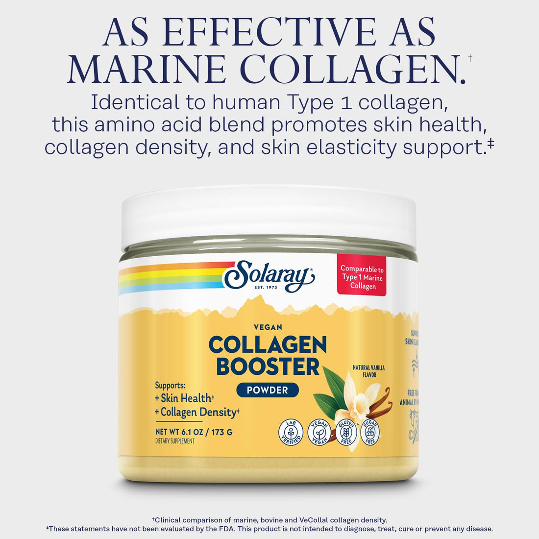 SOLARAY Vegan Collagen Booster - Type 1 Marine Collagen Powder Alternative - Skin Health and Collagen Density Support - Gluten Free, Sugar Free, Lab Verified - 60-Day Guarantee - 25 Servings, 6.1 OZ
