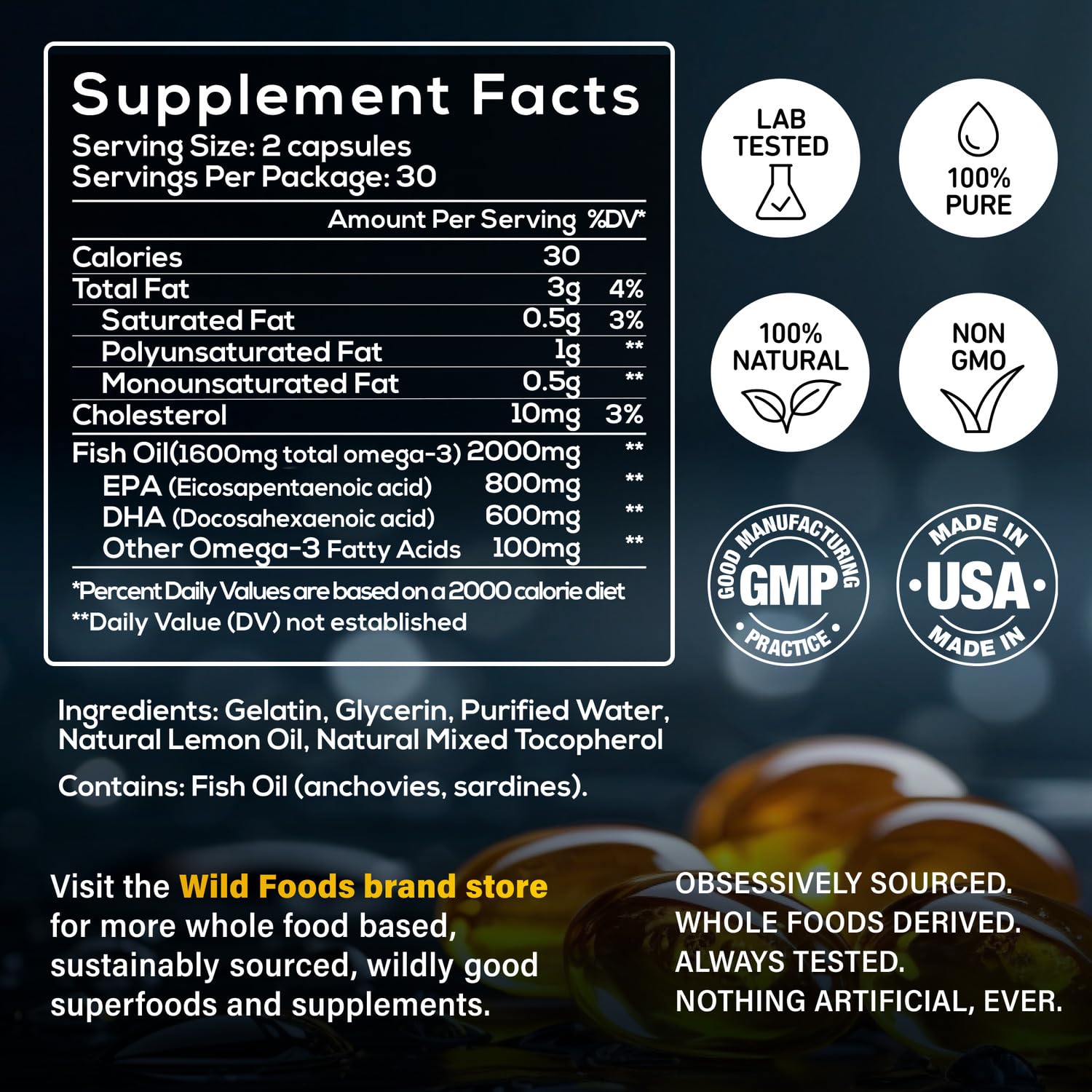 Wild Foods Fish Oil Omega 3 Supplements | 1600 mg | Highly-Potent: DPA, DHA, EPA | Burpless, Odorless, Non-GMO, Gluten Free | For Brain & Heart Health, Joint Support | 60 Capsules (1 pk) | 30 Servings
