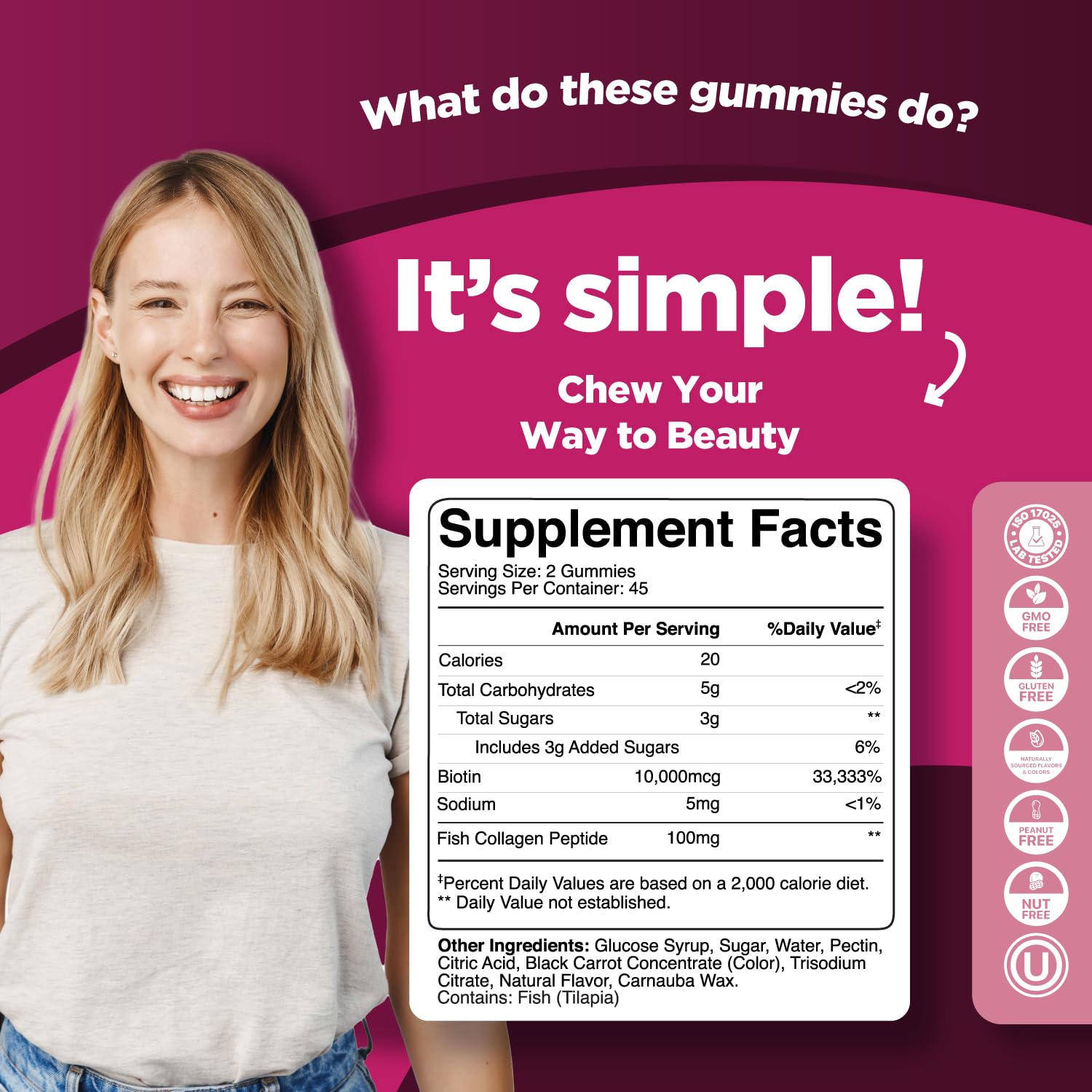 Extra Strength Fish Collagen and Biotin Gummies for Women - Hair, Skin and Nails Vitamins for Elasticity, Vitality & Hydration - Naturally Sourced Biotin and Collagen Supplements for Women - 90 Count