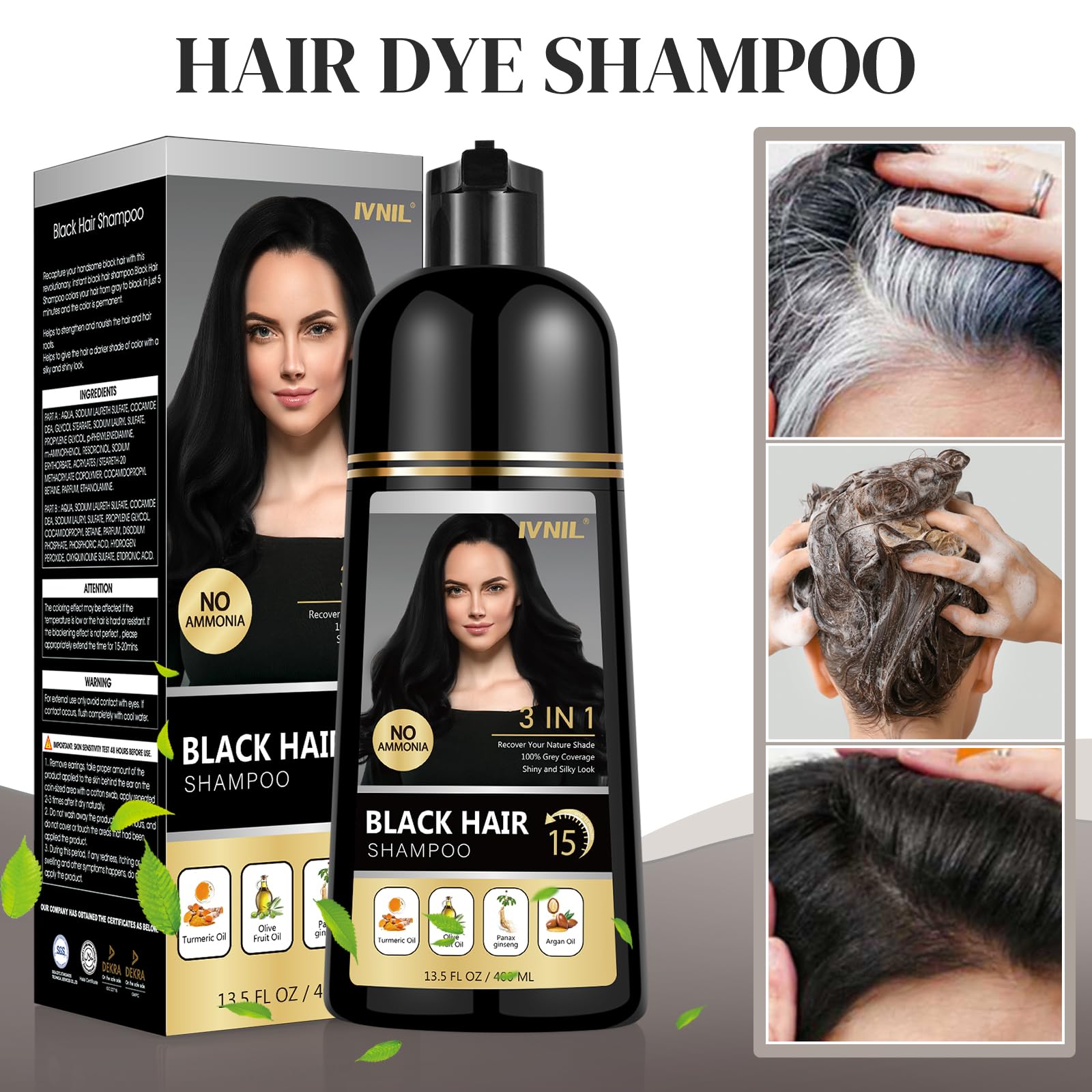 Ivnil Black Hair Dye Shampoo 3 in 1 for gray coverage champu para canas herbal color for women and men 400ML