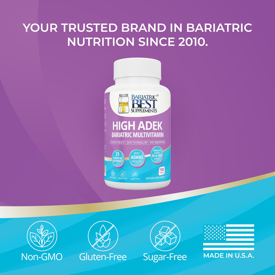 High A D E K Bariatric Multivitamin for Post DS/SADI Surgery, 25 Essential Nutrients for Post-Weight Loss Surgery, 180 Tablets, Meets ASMBS Guidelines for Bariatric Bypass
