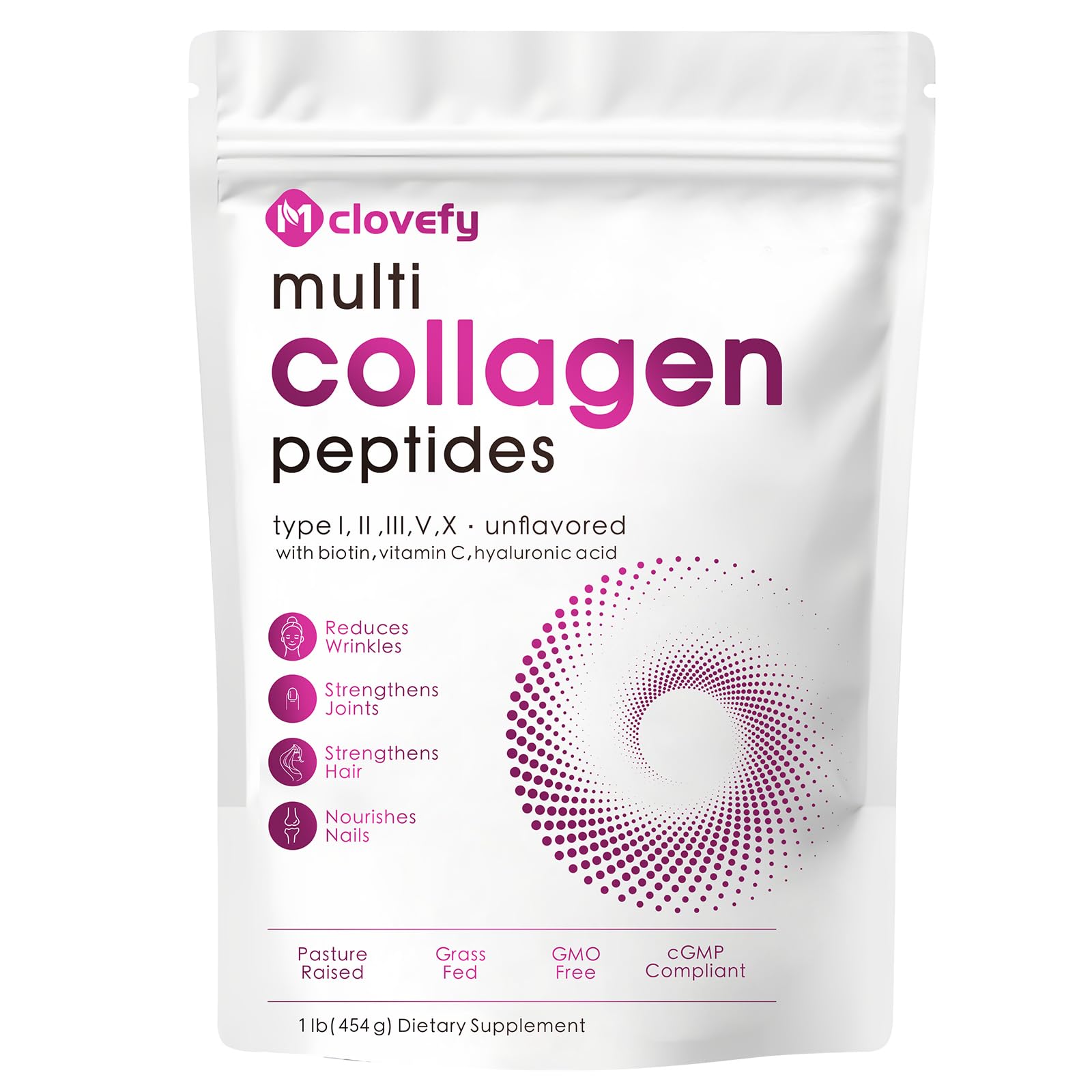 Mclovefy Multi Collagen Peptides Powder, 16 Oz - Protein Supplement, Type I, II, III, V, X with Hyaluronic Acid, Vitamin C and Biotin, Unflavored, Easily Mixes in Drinks(Packaging May Vary)