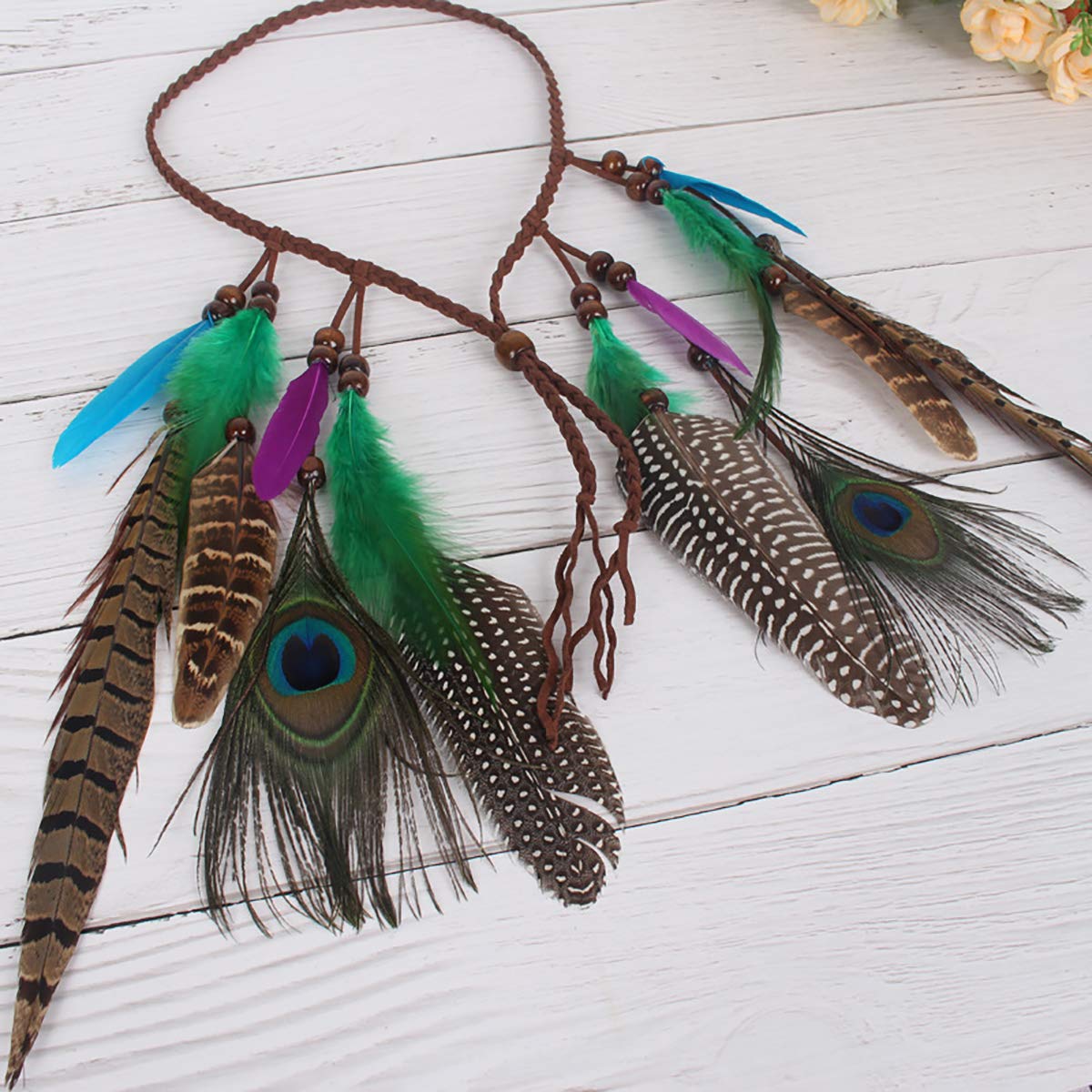 Fodattm C# : Set Of 2 Bohemian Peacock Feather Headband Headdress And Armband Hippie Headwear Headpiece Handmade Tribal Indian Fascinator Feather Hairband Hair Accessories For Girls Women