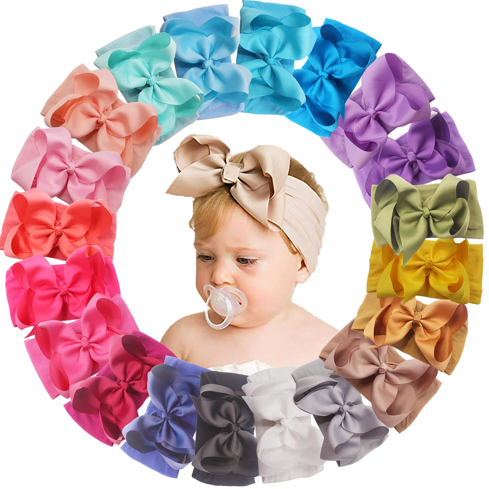 Yxiang 20pcs Baby Headbands with 6 Big Elastics Nylon Ribbon Bows Hair Accessories for Newborns, Infants, Toddlers, Kids