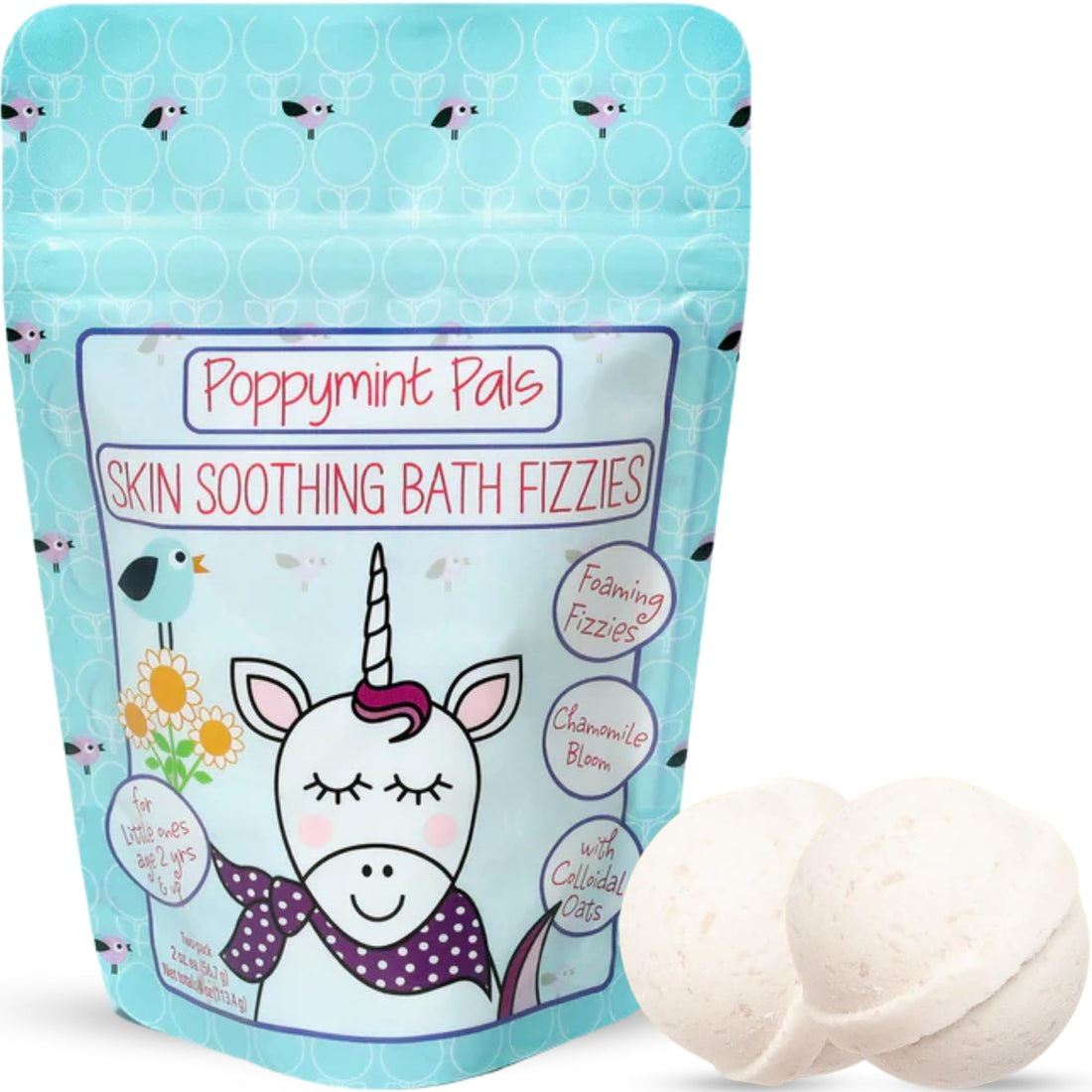 Poppymint Pals Foaming Bath Fizzies (Skin Soothing Chamomile Bloom) | Natural Foaming Bath Bombs with Epsom Salts for Toddlers and Kids | Calming, Soothing, Relaxing Bathtime Soak