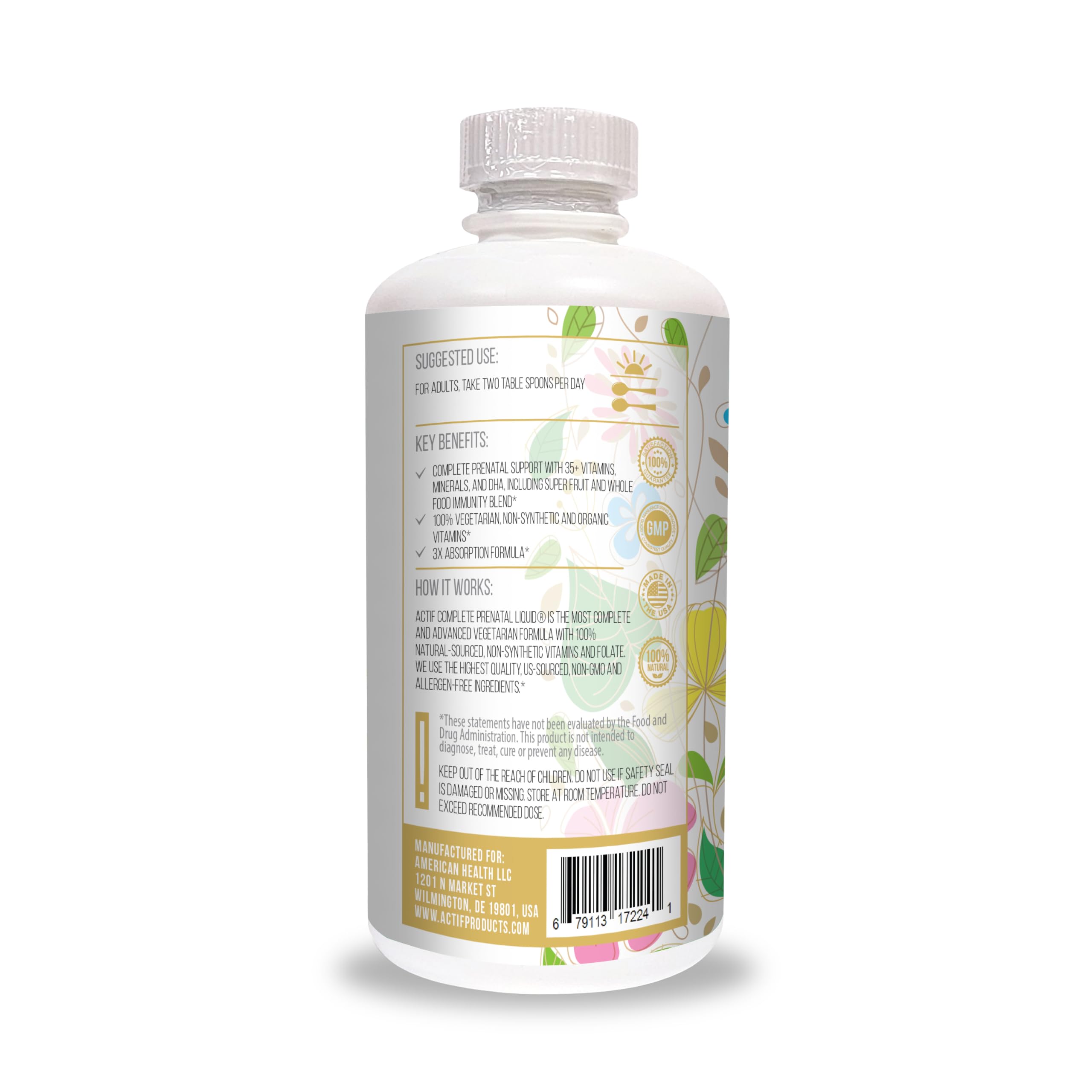 ACTIF Organic Complete Prenatal Liquid with 35+ Vitamins and Organic Herbs, with DHA and Choline, Non-GMO, Made in USA, 32oz