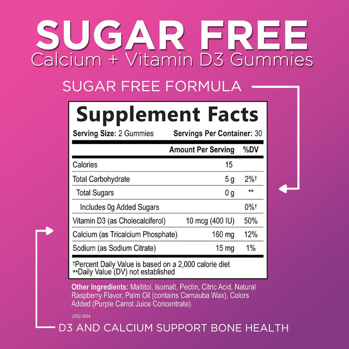 Sugar-Free Calcium Supplements for Women + 400 IU Vitamin D3 - Calcium Chews Gummy for Bone & Immune Support, Supports Teeth & Bone Strength, Chewable Calcium Supplement for Women & Men - 60 Gummies