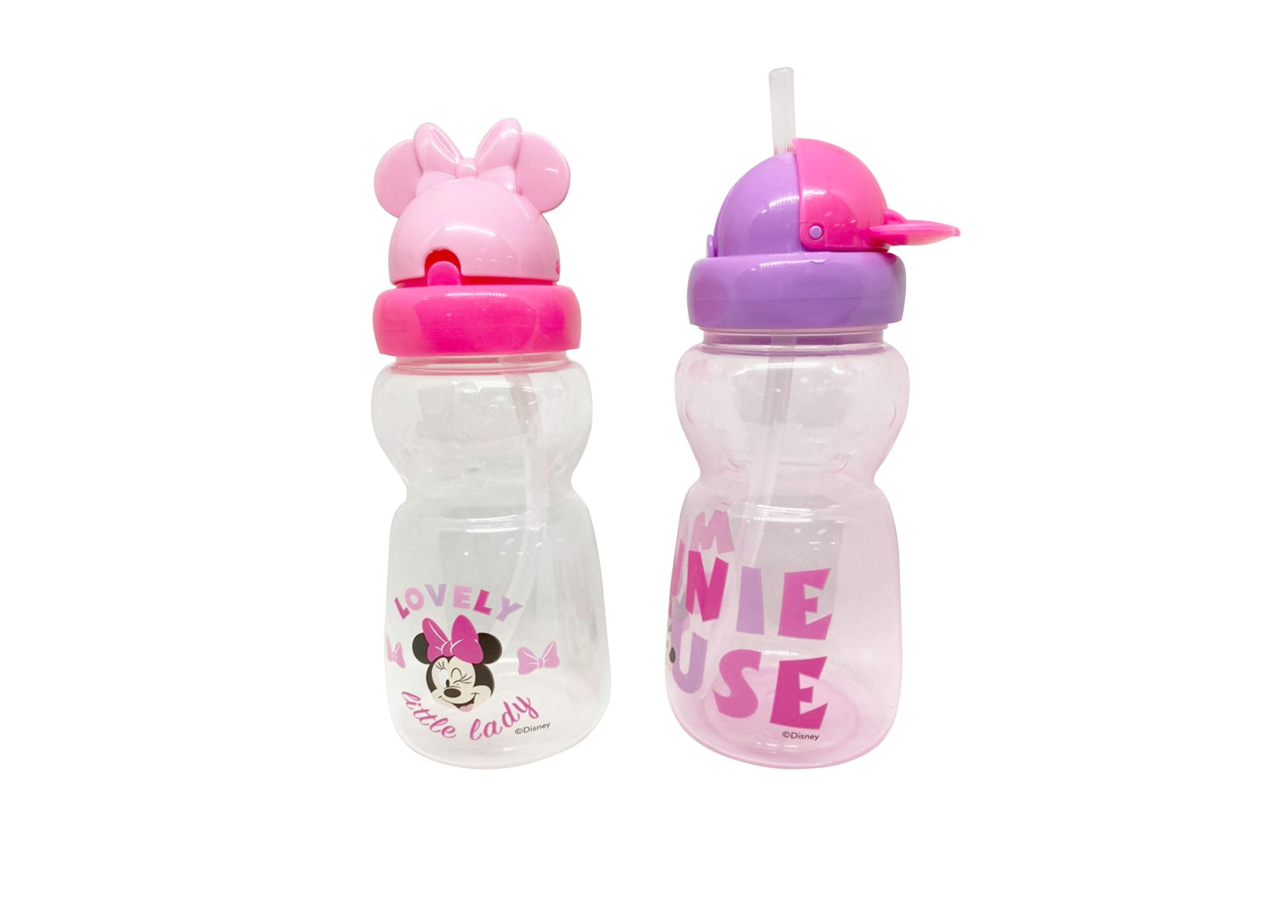 Disney Cudlie Minnie Mouse Baby Girl 2 Pack of 11 Oz Sippers Pop Up Straw Character Molded Lid with Little Lady Print
