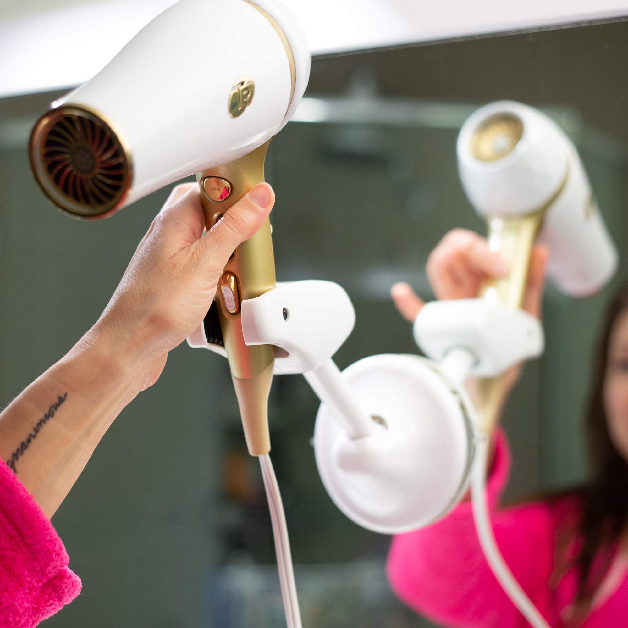 Hands Free Hair Dryer Holder - Patented Blow Drying Wall Mount Design - Stand Adjusts and Swivels
