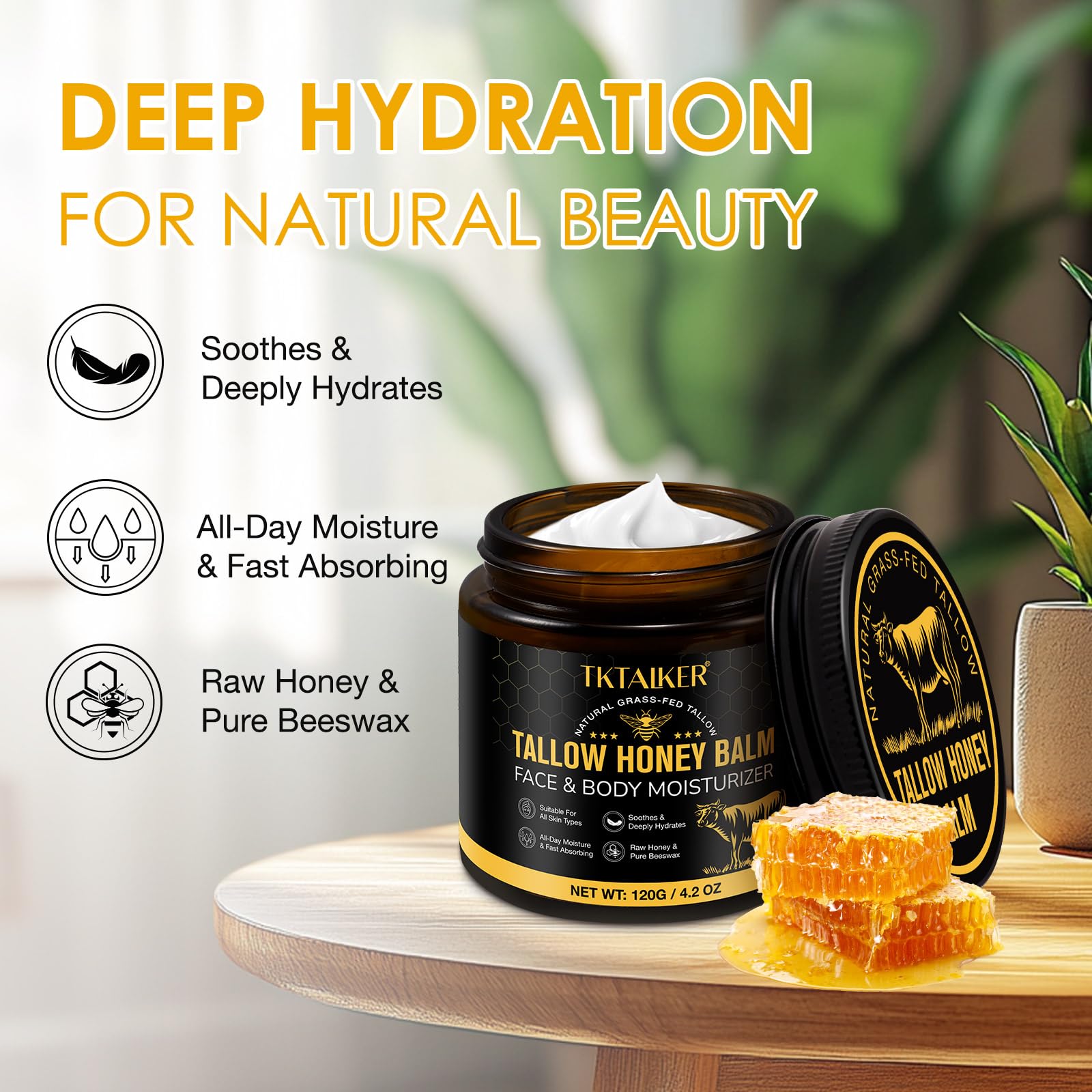 Beef Tallow for Skin, Beef Tallow for Face, Hydrating Tallow Balm with Raw Honey and Beeswax, Grass-Fed Beef Tallow & Raw Wild Honey Blend, Body & Face Moisturizer, Natural Formula, Light Scent