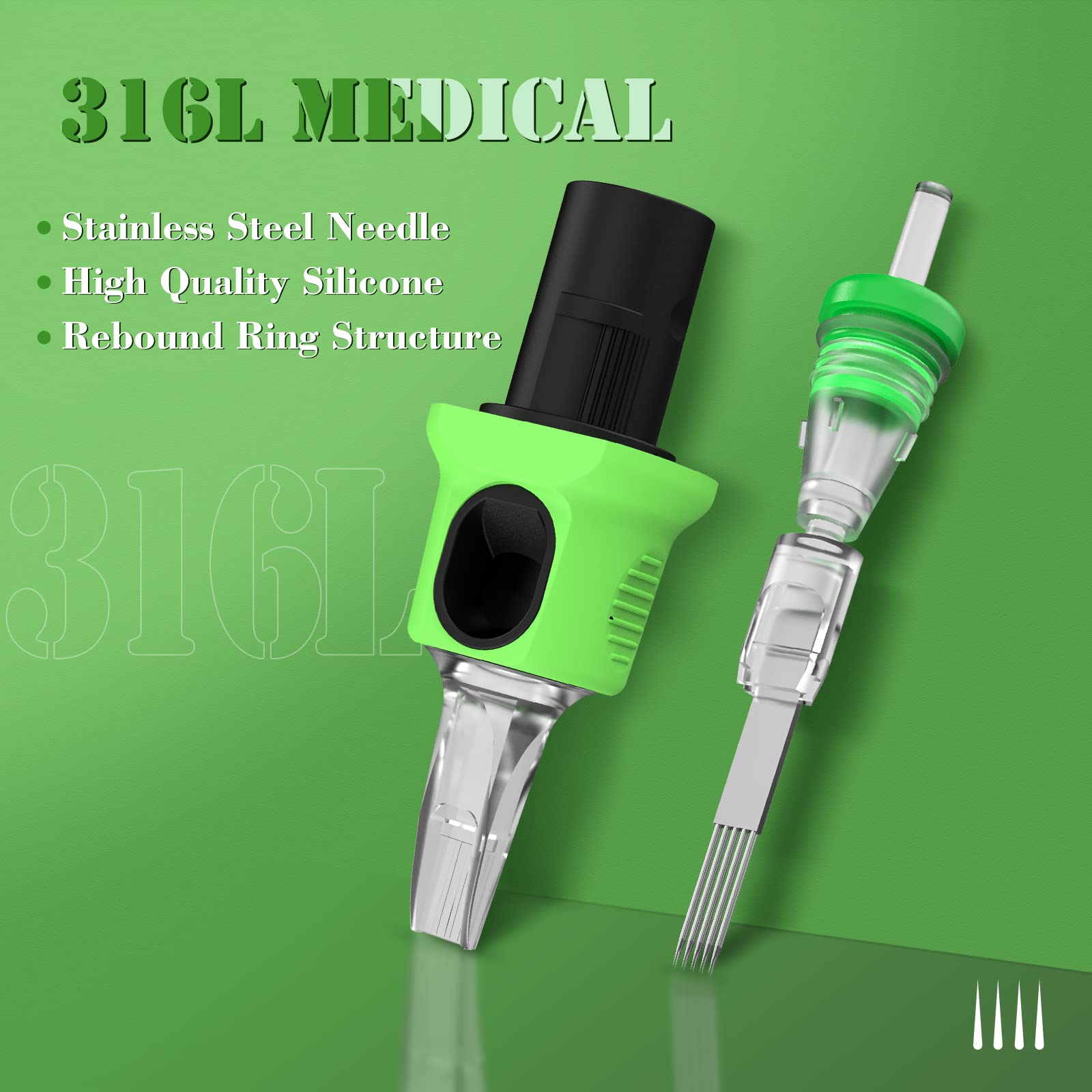 INKin Kelly Tattoo Needles Cartridges Soft Silicone Finger Ledge 7RS 0.35mm Standard Round Shader 16Pcs With Membrane Long Taper Tattoo Machine Pen Supplies (1207RS)