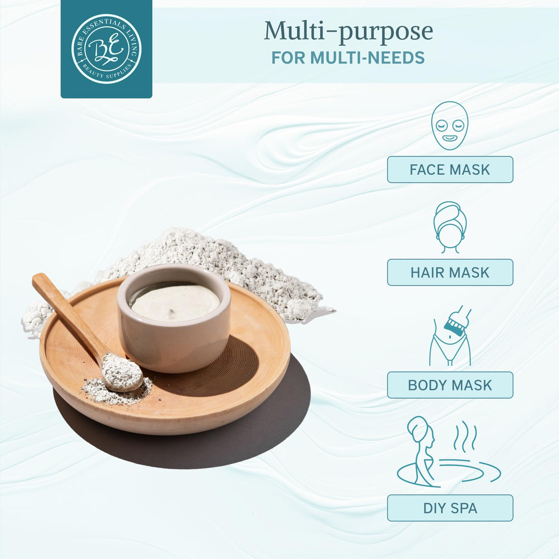 Kaolin White Clay 2 lb Powder, 100% natural for making DIY spa mud mask for face/facial, hair, body, soap, deodorant, bath bomb, setting makeup, lotion and gardening by Bare Essentials Living