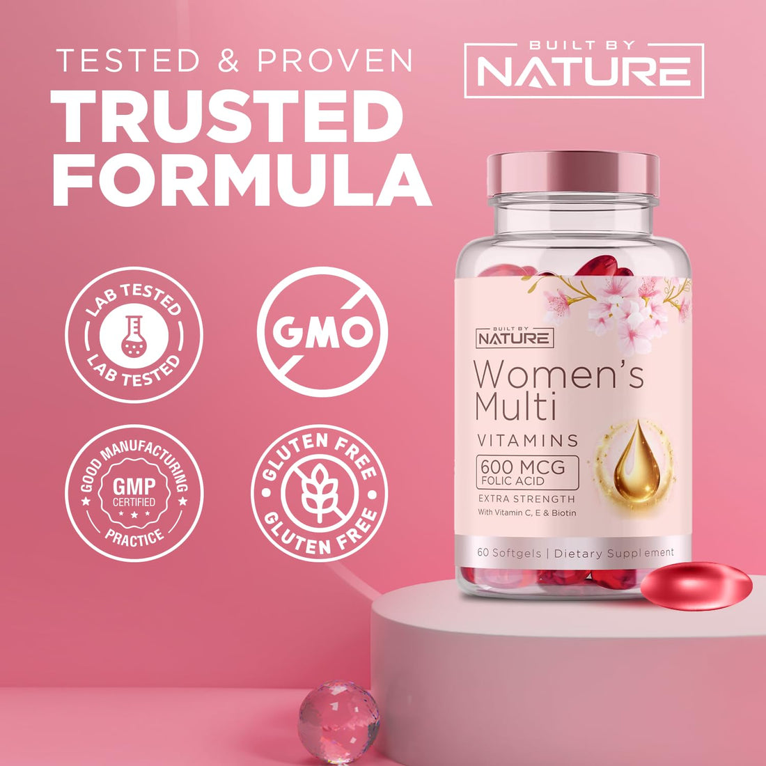 Built by Nature Vitamins for Women – Women's Complete Daily Multivitamin Supplement with A, B, C, D, E, Iron, Calcium, Magnesium and Multi Minerals – Wellness & Immune Health Support - 60 Softgels