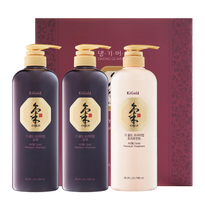 DAENG GI MEO RI - Ki Gold Premium 2 Shampoo 780ml + 1 Treatment 780ml + 10 Traveling Pouch Samples 10ml Set, Samples may vary.
