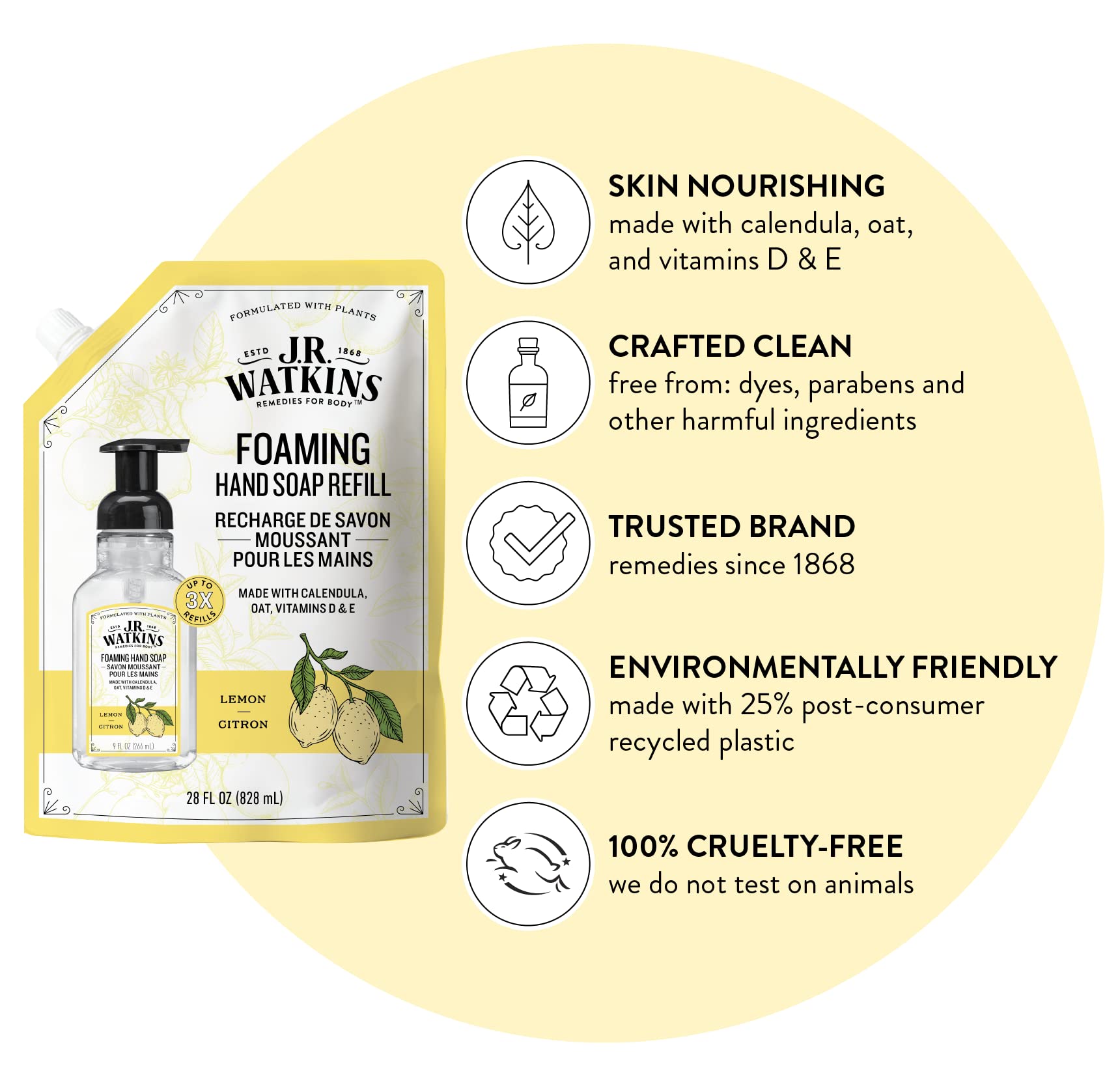 J.R. Watkins Hand Soap, Foaming, 28 fl oz, Lemon, Refill (6 pack)