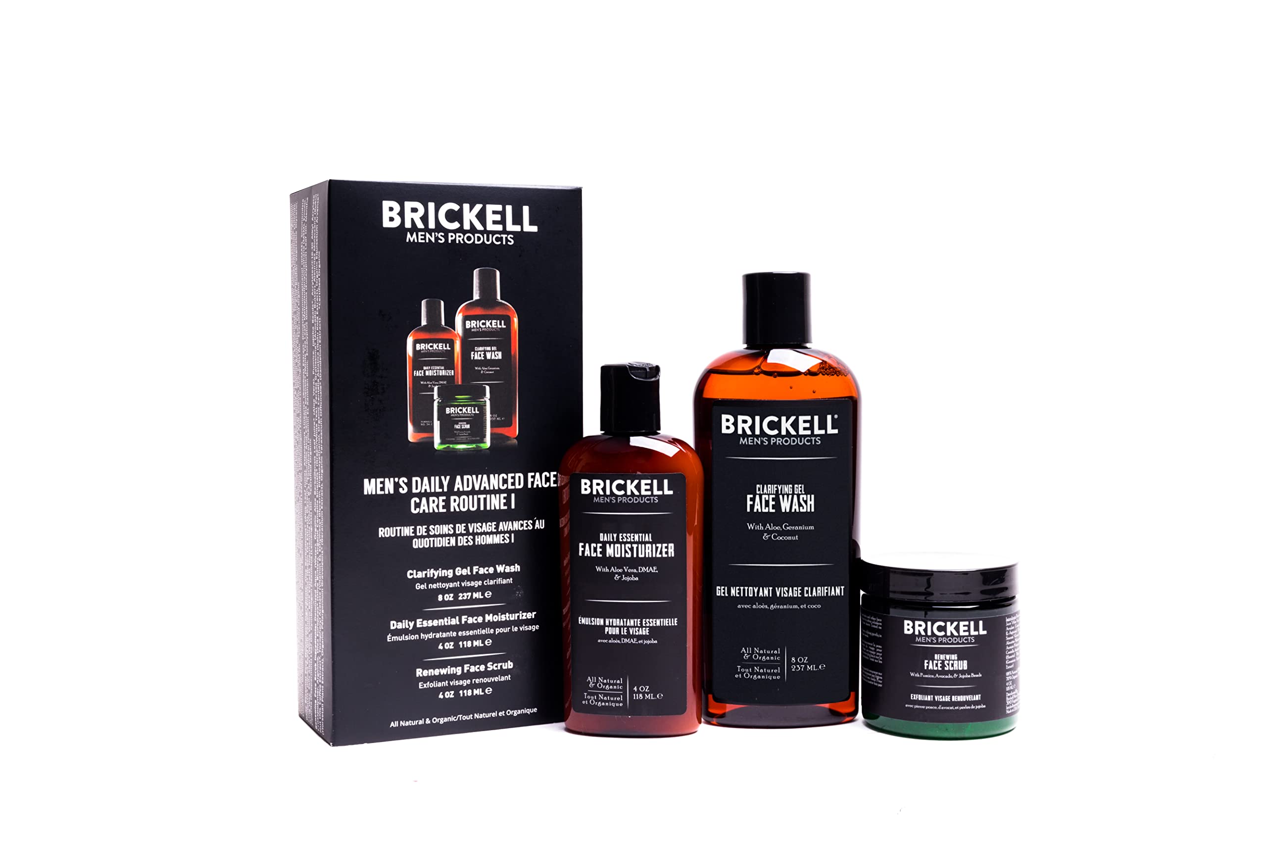 Brickell Men& Daily Advanced Face Care Routine I - Gel Facial Cleanser Wash + Face Scrub + Face Moisturizer Lotion - Natural Organic