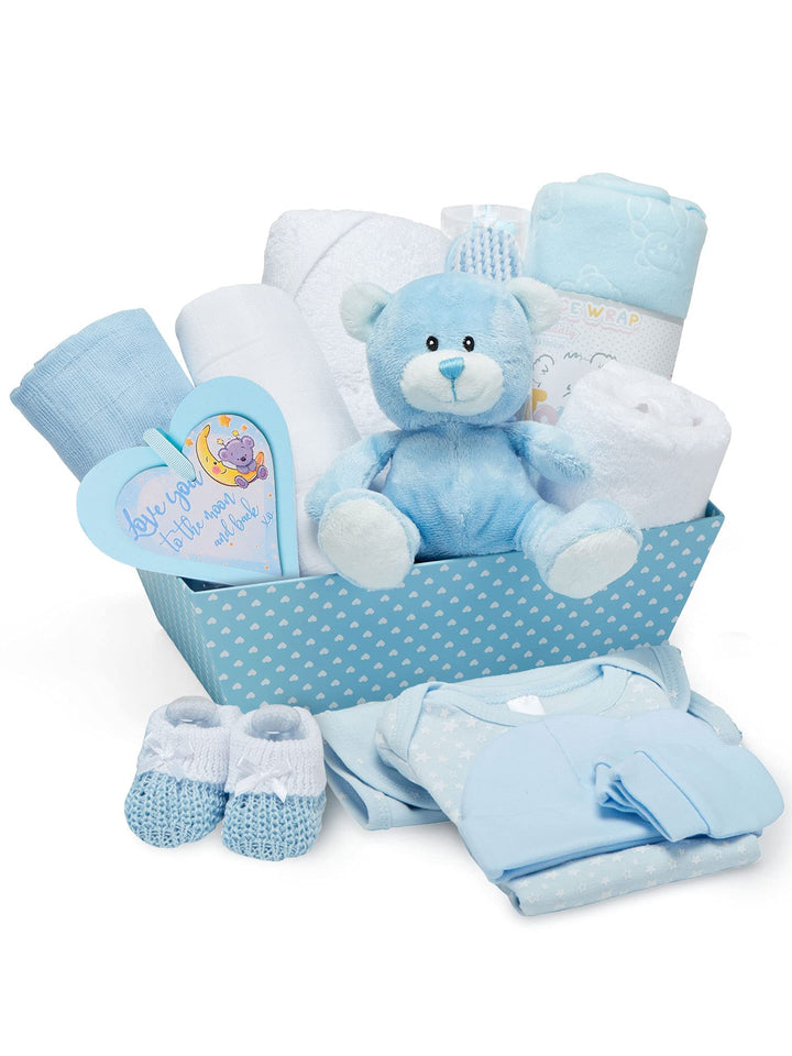 Baby Box Shop Baby Boy Gift Basket for New Born Baby Boys - New Baby Boy Gift Set with Baby Boy Basket Gift Set - New Born Baby Boys Gift, Baby Gift Sets, Gift Baskets for New Parents (Blue)