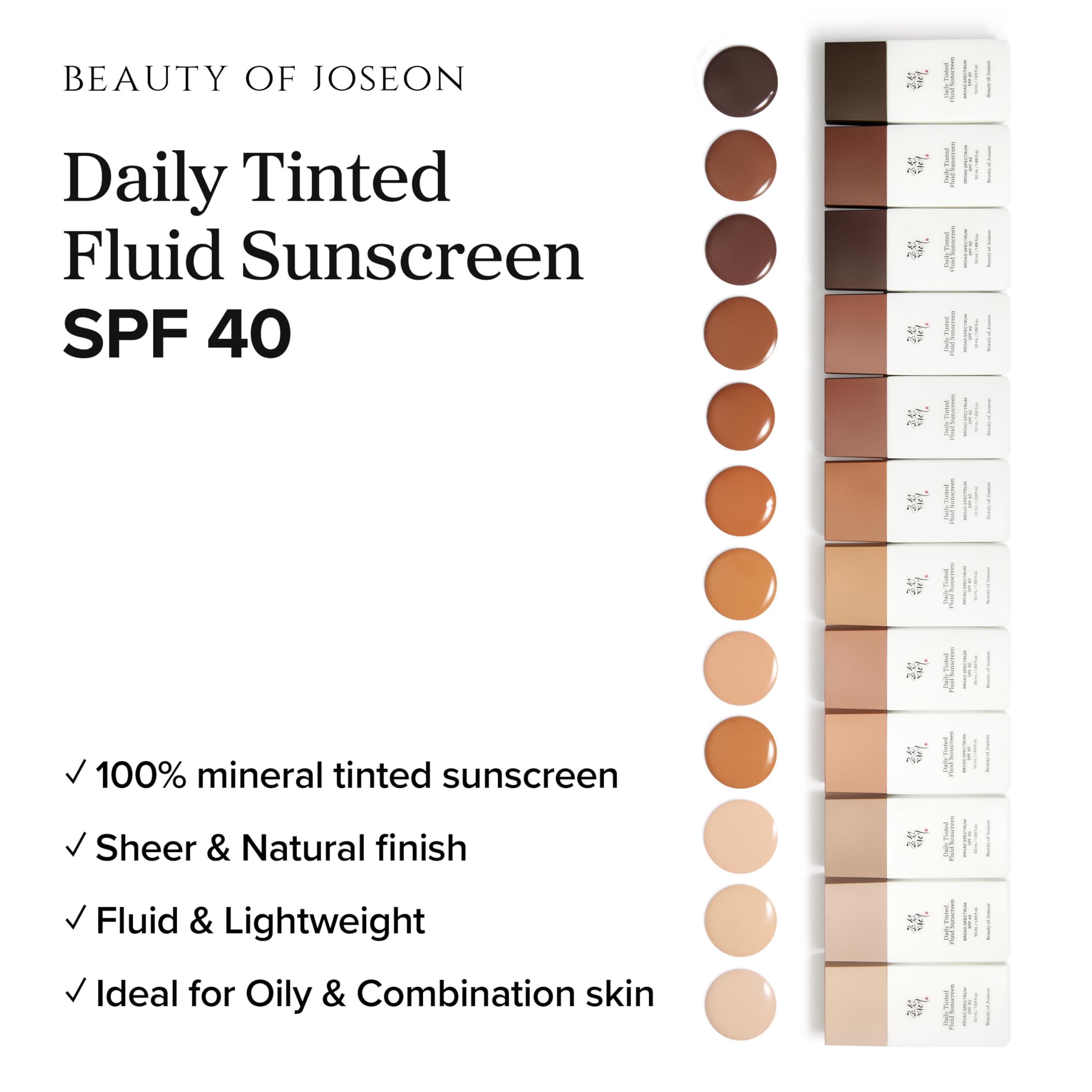 Beauty of Joseon Daily Tinted Fluid Sunscreen 12 Shades for Face Moisturizing Broad Spectrum SPF 40 Korean Skincare 50ml, 1.69 fl.oz #LP100