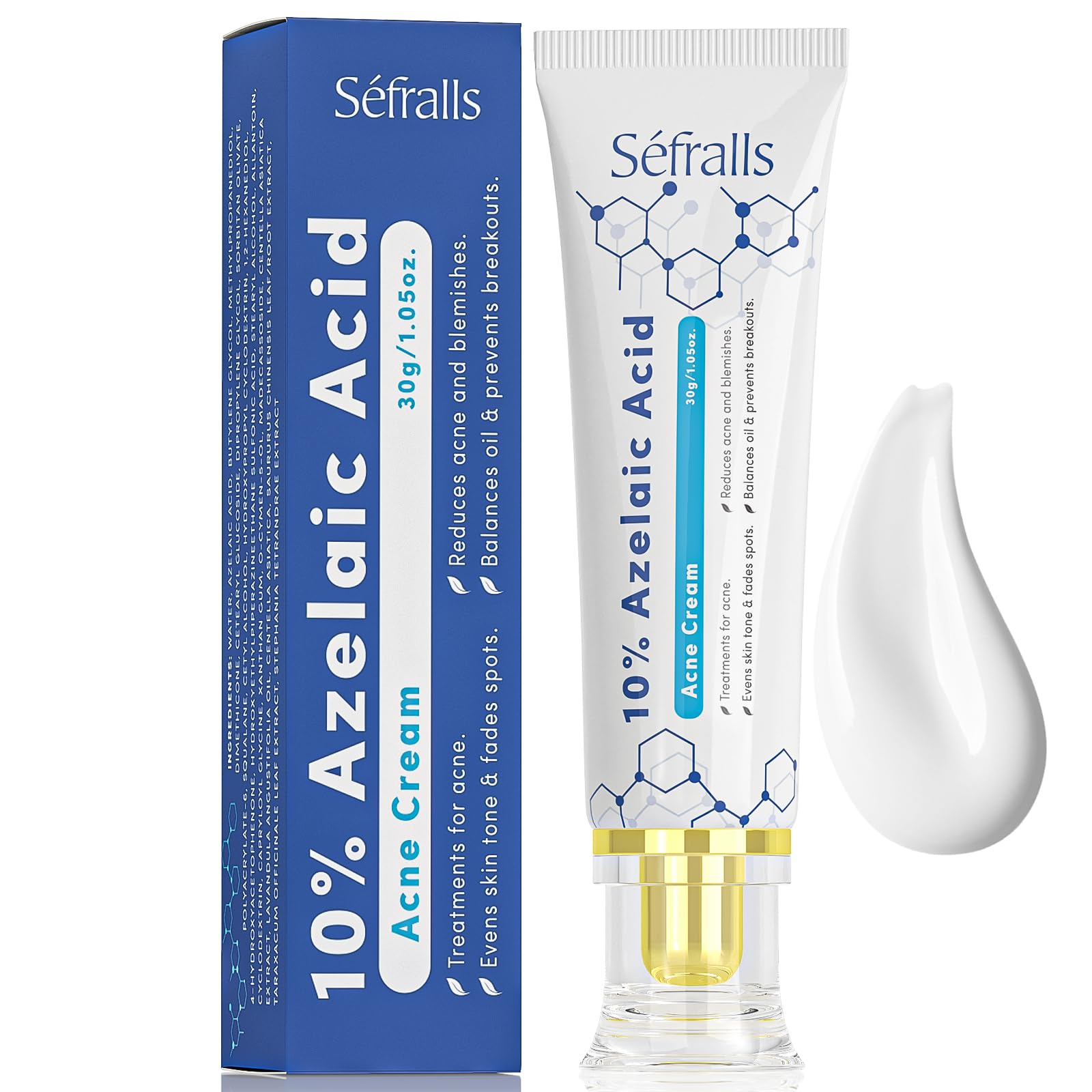 Sefralls 10% Azelaic Acid Acne Cream, Premium Azelaic Acid Facial Cream - Redness Relief For Face, Redness Reducing Skin Care, Prevents Acne Breakouts, Ease Pimple Clarify Skin Soothe Irritation,1 Oz