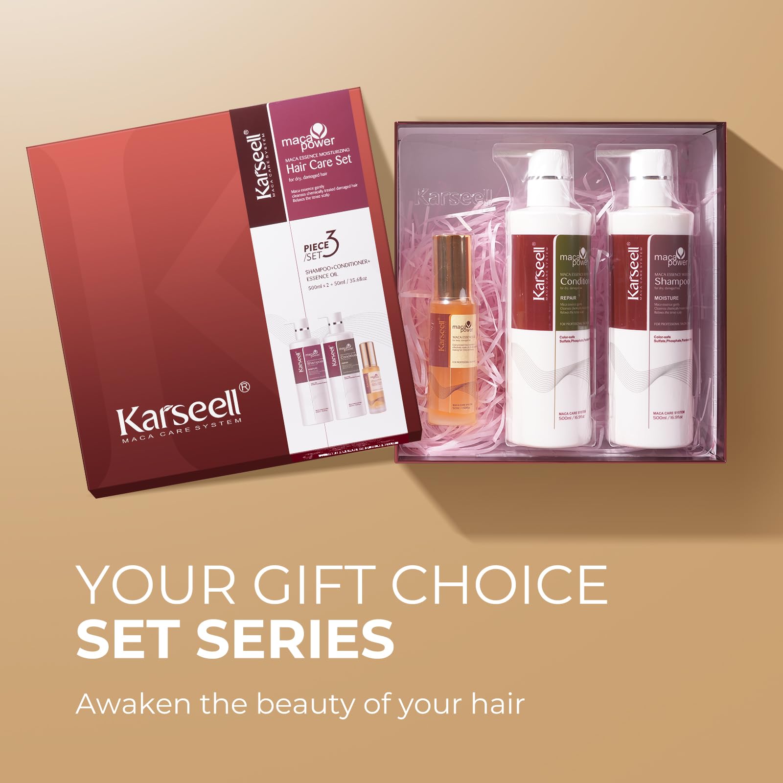 Karseell Collagen Hair Treatment Maca Essence Hair Care Set, Hair Oil Shampoo and Conditioner Set for Dry Damaged Hair All Hair Types 2 x 16.9fl.oz + 1.69fl.oz