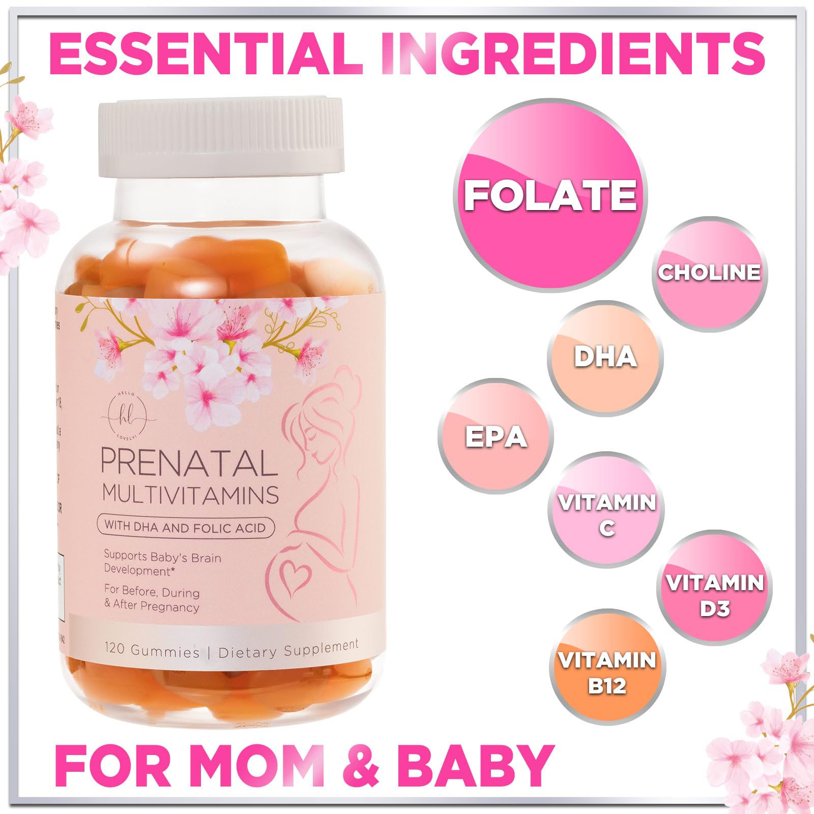 Prenatal Vitamins for Women with Folic Acid + DHA for Pregnancy & Fetal Support, Prenatal Multivitamin Gummy with Folate, Choline, Vitamin B6, B12, C & D3, Non-GMO, Prenatals for Women - 120 Gummies