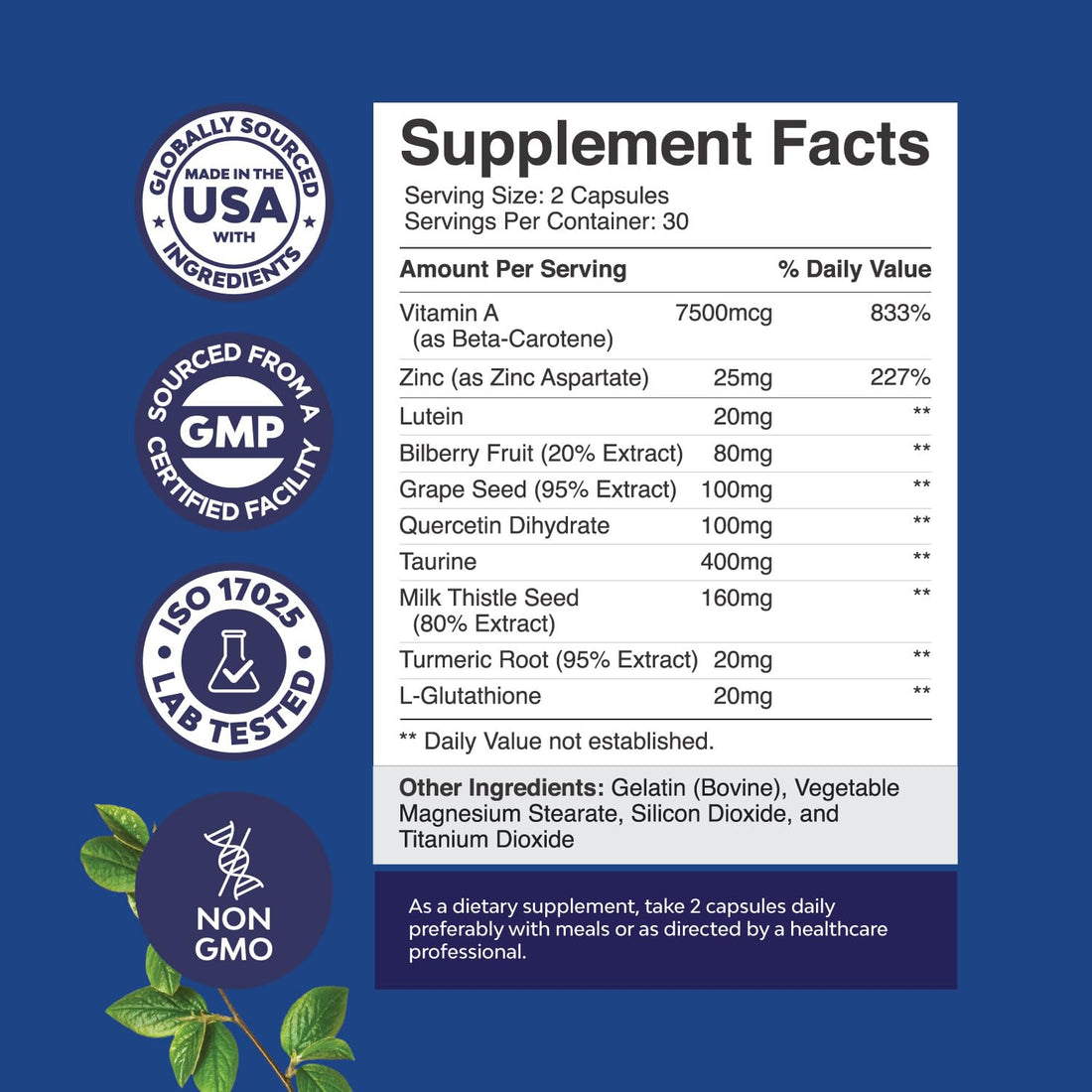 Complete Eye Health Supplement for Adults - Lutein 20mg Per Serving Eye Vitamins for Vision Dry Eyes Pressure and Blue Light Protection - Eye Supplement for Adults with Beta Carotene for Eyes