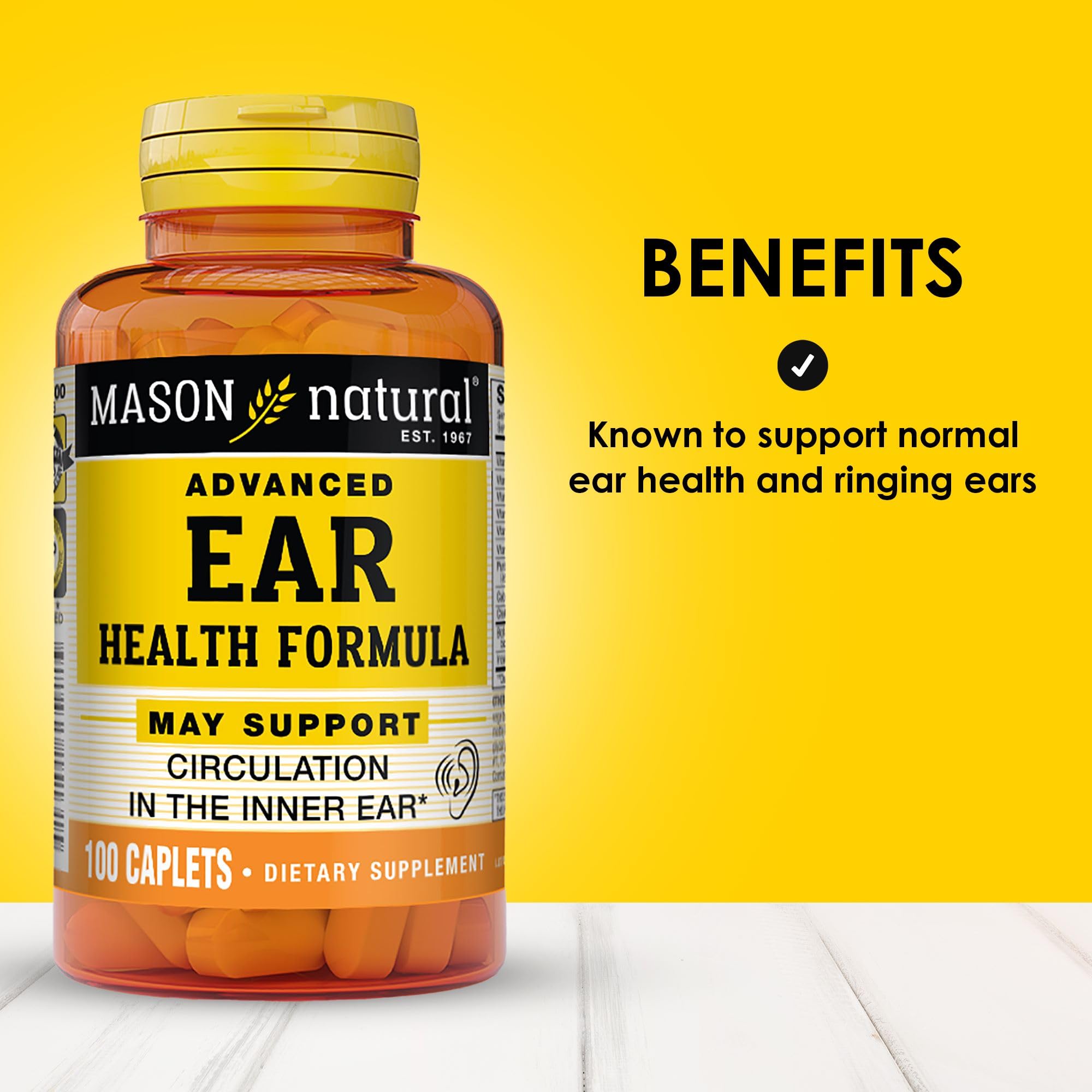 MASON NATURAL Advanced Ear Health Formula - Supports Healthy Circulation in The Inner Ear, Ringing Ears Relief, 100 Caplets