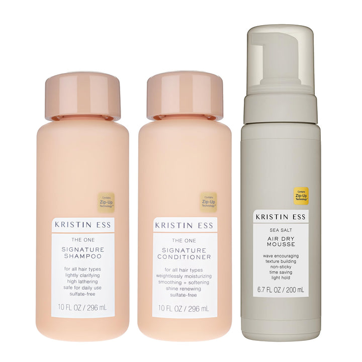Kristin Ess Hair The One Signature Set - Lightly Clarifying Sulfate Free Shampoo, Hydrating Conditioner + Texturizing Sea Salt Air Dry Volumizing + Non Sticky Mousse for Wavy + Curly Hair (Pack of 3)