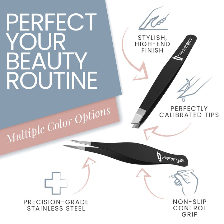 Tweezers Set - TweezerGuru Stainless Steel Slant Tip and Pointed Eyebrow Tweezer Set - Great Precision for Facial Hair